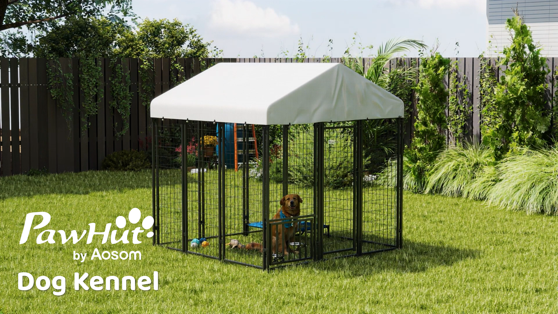 thumbnail video image 2 of PawHut Outdoor Dog Kennel with Roof, 5.9' x 5.9' x 6' Heavy Duty Welded Wire Dog Playpen Fence with Rotating & 4-Level Adjustable Feeding Bowls, 2 of 10