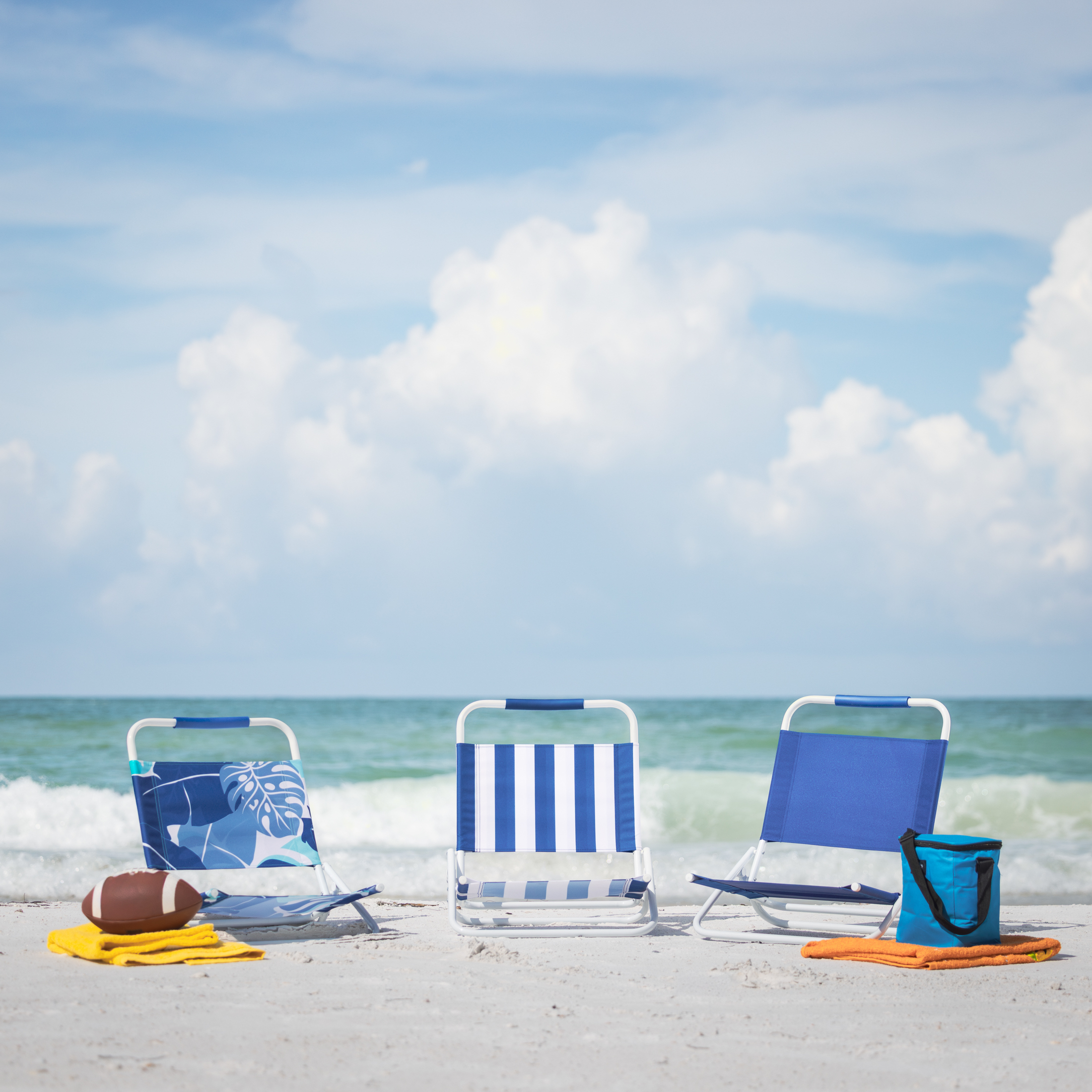 thumbnail video image 2 of Mainstays Low-Profile Beach Sand Chair, Blue and White Stripe, 2 of 13