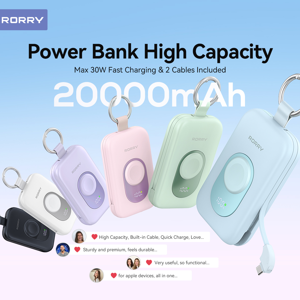 thumbnail video image 2 of RORRY Portable Charger 20000mAh, PD 30W Fast Charging Power Bank with Built-in Cables & Apple Watch Charger, Travel Essential Battery Pack for iPhone/iPad, Pink, 2 of 10