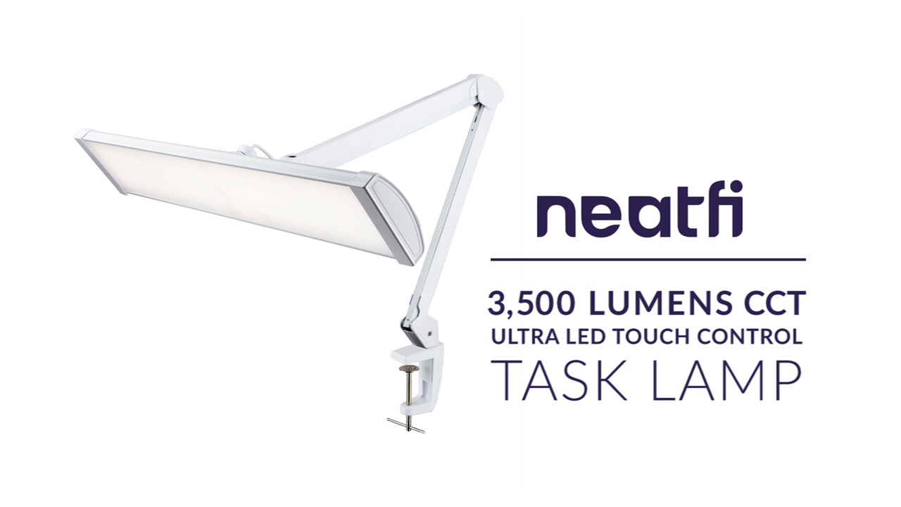 thumbnail video image 2 of Neatfi LED Desk Lamp with Clamp, 26-Inch Wide, 3,500 Lumens, 3 Lighting Modes for Reading & Other Tasks (White), 2 of 10