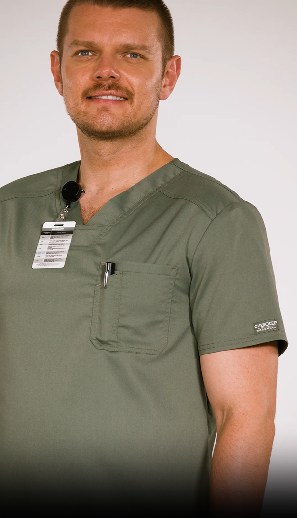 thumbnail video image 2 of Cherokee Workwear Revolution Men Scrubs Top V-Neck WW690, 2 of 10