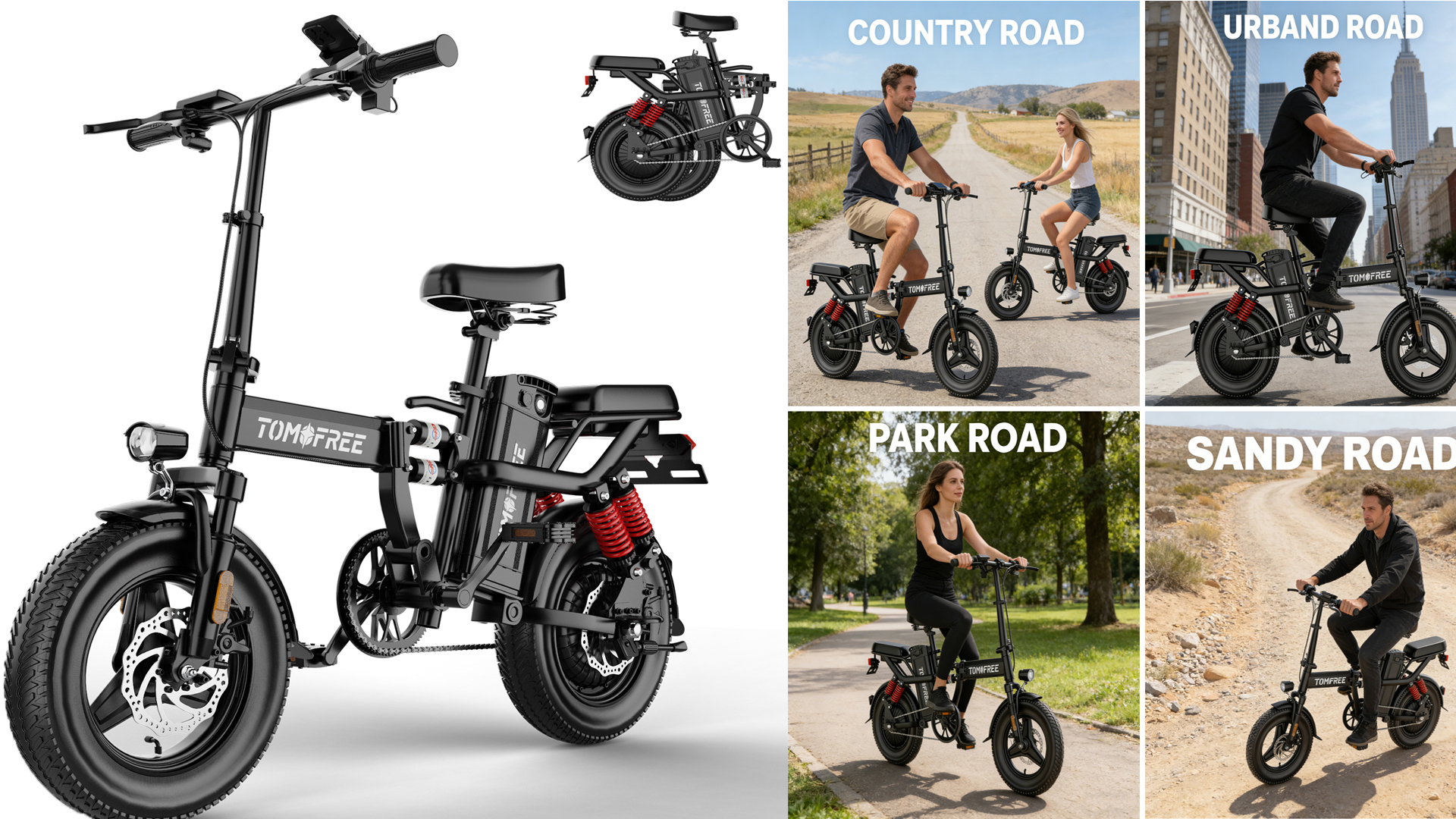 thumbnail video image 2 of 14" Folding Electric Bike for Adult, Peak 750W Max 20MPH 70 Miles Electric Bicycle, 48V 20Ah Removable Battery, PAS Control, E-Bike for Adults Teens, Full Suspension, 2 of 10