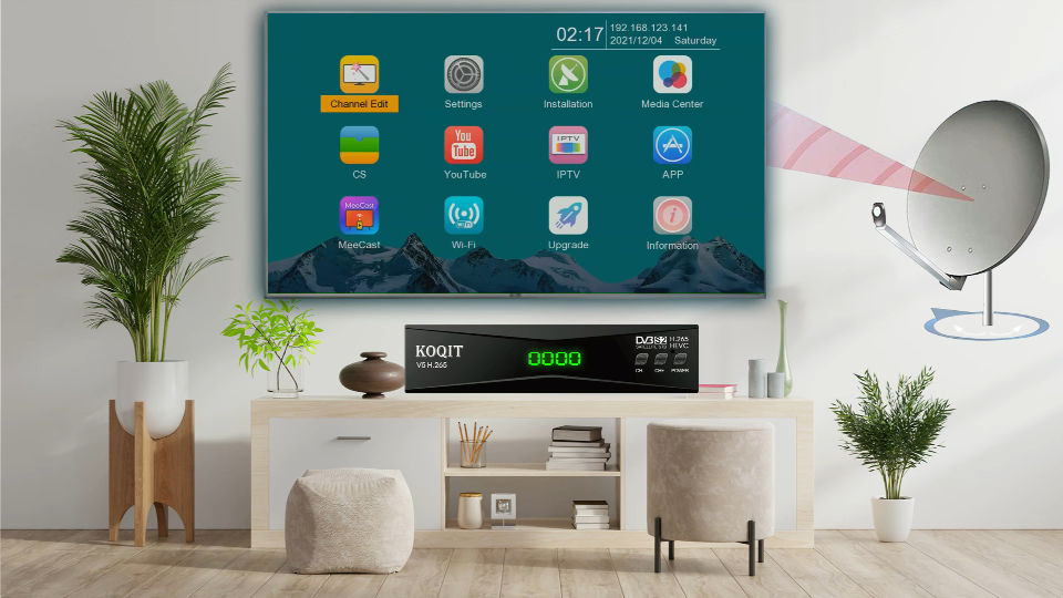 thumbnail video image 2 of KOQIT H.265 HD DVB-S/S2 FTA Digital Satellite Receiver, Free to Air HEVC USB WiFi TV Sat Decoder, Supports Intelsat Galaxy 19, MeeCast TV Stick Sat to IP, 2 of 7