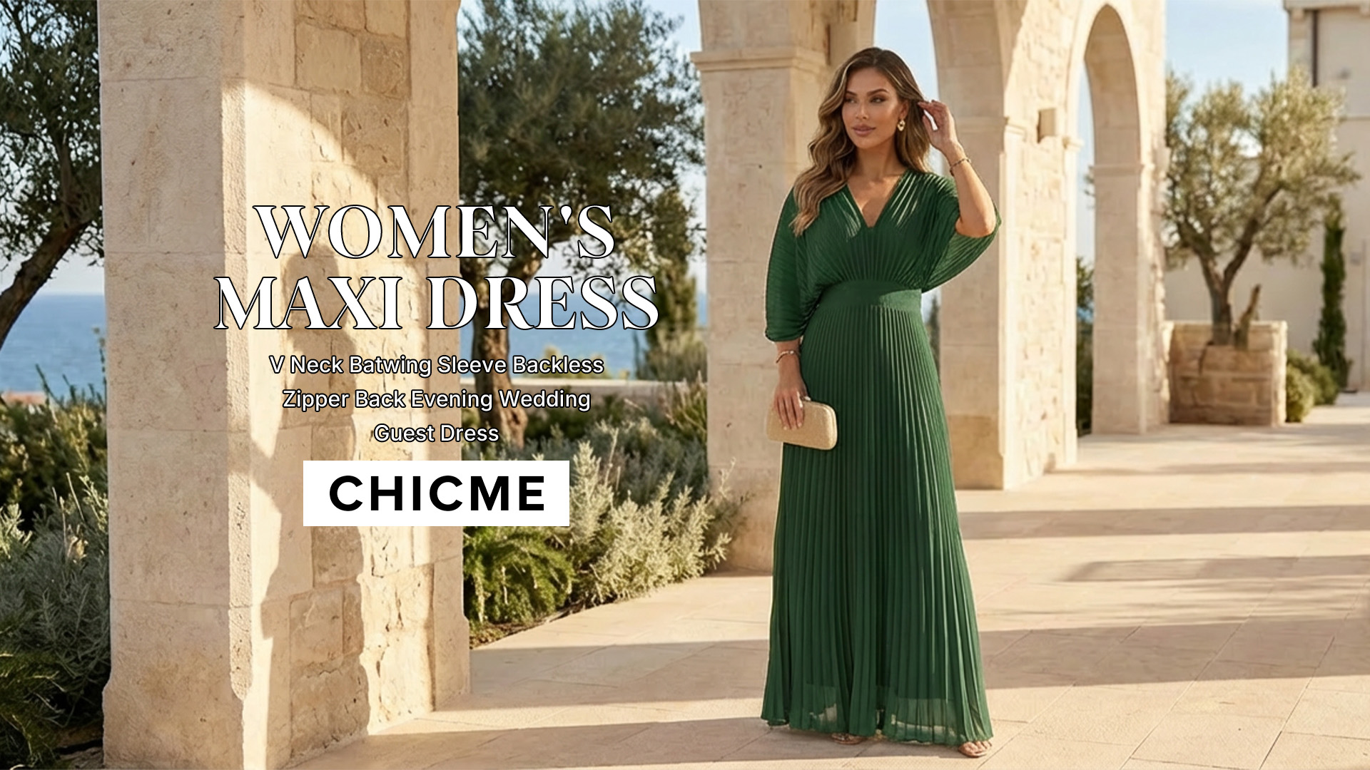 thumbnail video image 2 of CHICME Dresses for Women Pleated Deep V-Neck Batwing Sleeve Backless Tied High Waist Slim Zipper Maxi Dress Black-S, 2 of 9