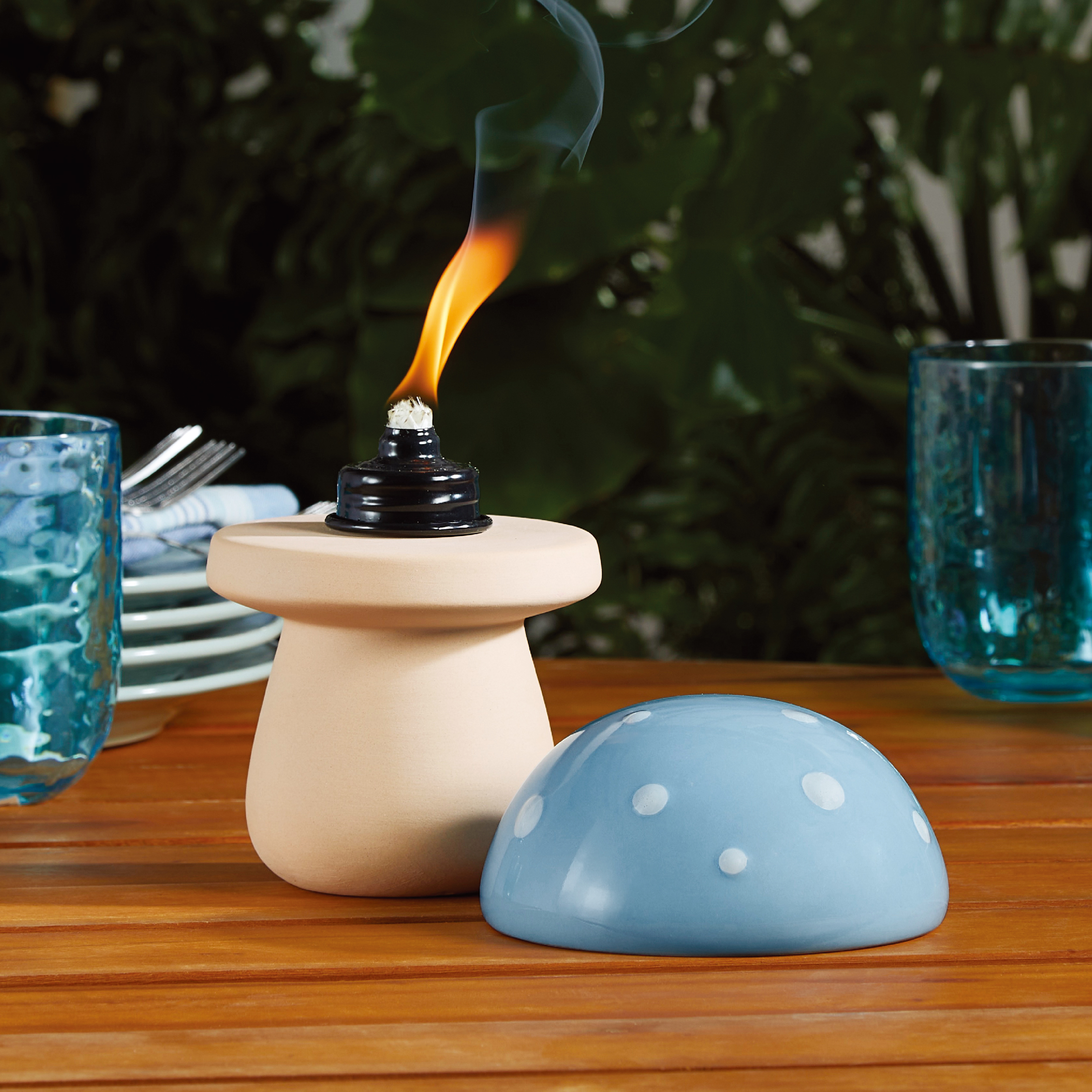 Mainstays Blue Ceramic Mushroom Outdoor Table Torch with