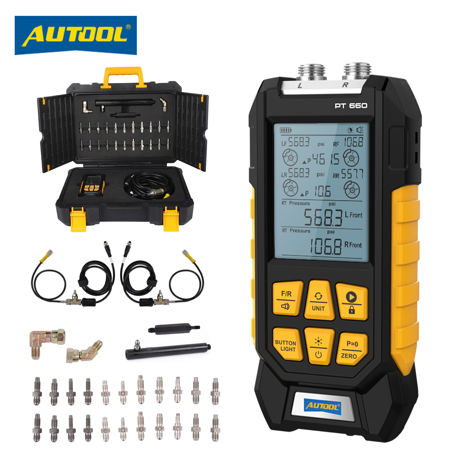 thumbnail video image 2 of AUTOOL PT660 Digital Brake System Pressure Tester, 0-210Bar Dual-Channel Manometer Kit, Data Locking&Zeroing, Multiple Connectors for Gasoline Diesel Vehicles, 2 of 16