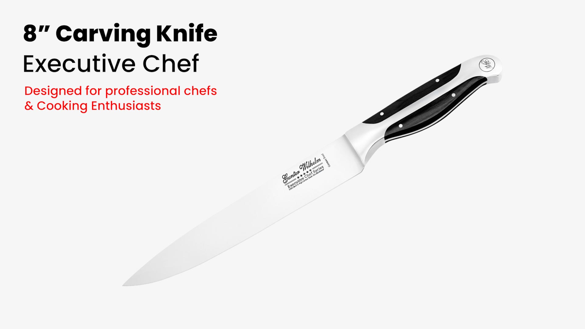 thumbnail video image 2 of Gunter Wilhelm 8" Pointed Carving Knife - Premium German Steel - Dark Pakkawood Handle - EXECUTIVE Chef, 2 of 5