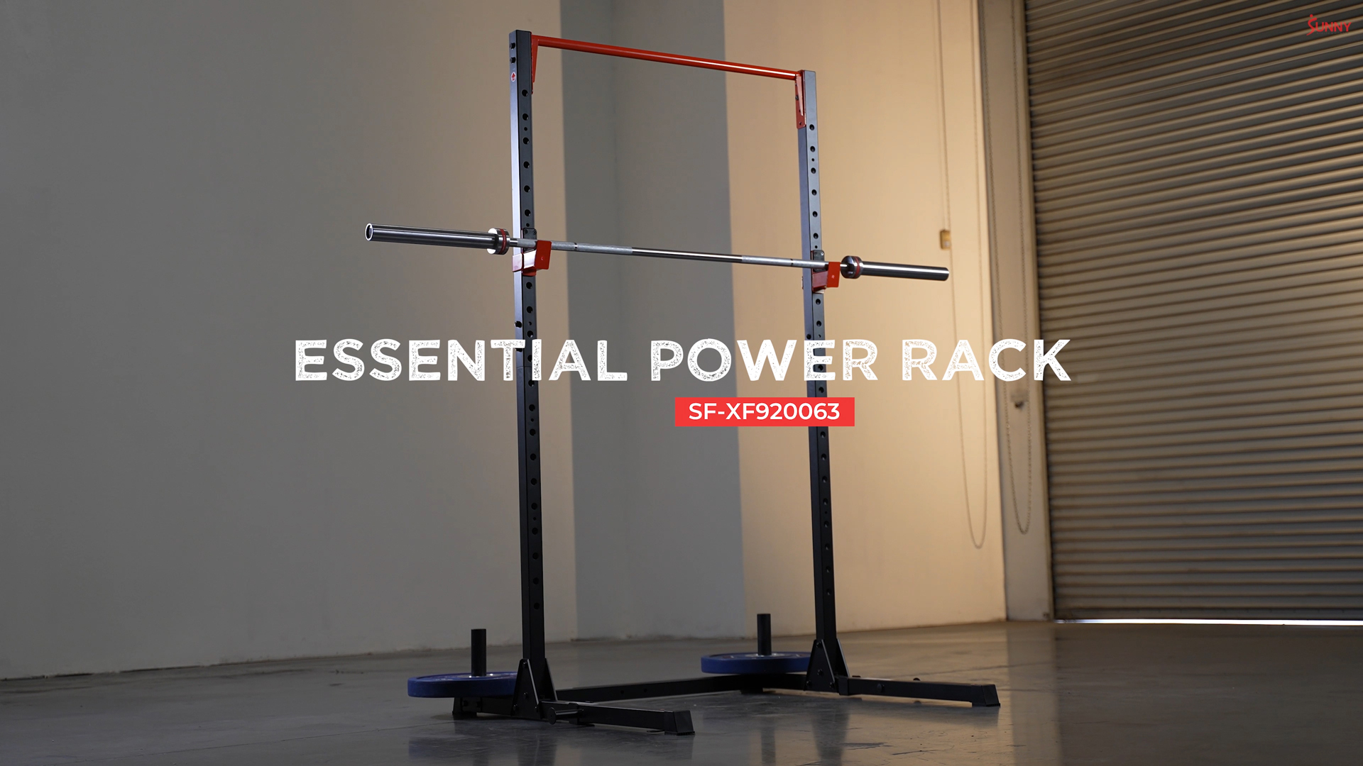 thumbnail video image 2 of Sunny Health & Fitness Essential 800-lb High Capacity Power Rack Cage with Weight Plate Storage & Adjustable J-Hooks - SF-XF920063, 2 of 9