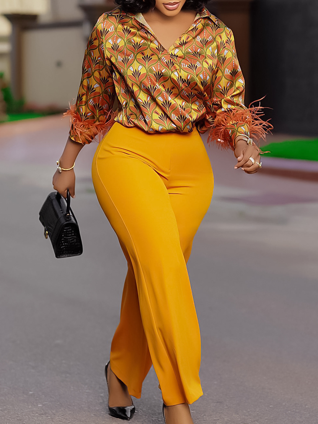thumbnail video image 2 of AURA Plus Size 2 Piece Pant Set Printed Long Sleeve Top Tie Waist Wide Leg Pants Elegant Fall Outfit, 2 of 11