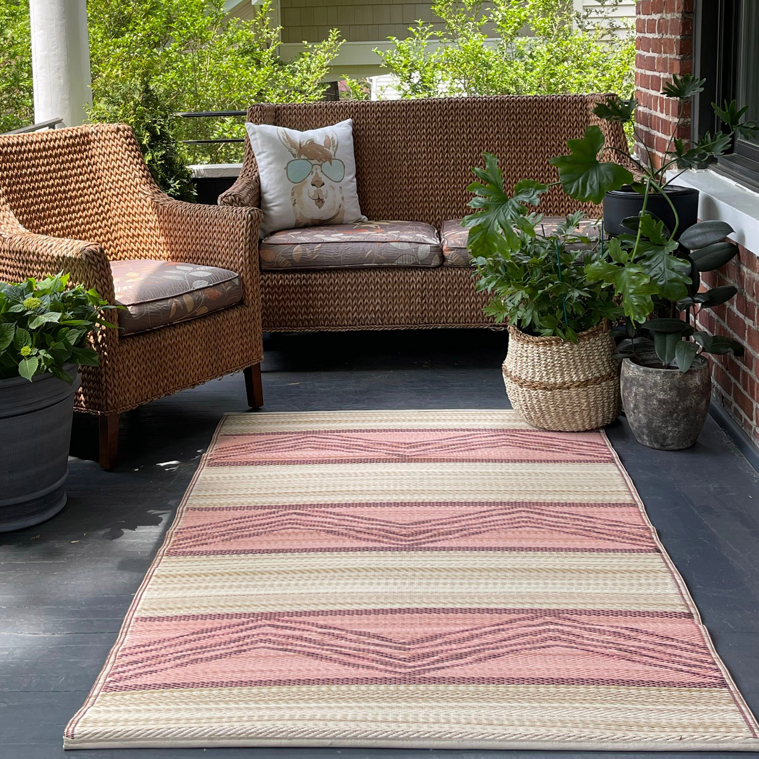 thumbnail video image 2 of Fab Habitat Outdoor Rug - Waterproof, Fade Resistant, Crease-Free - Premium Recycled Plastic - Tribal Boho - Porch, Deck, Balcony, Mudroom, Laundry Room, Patio - Lagos - Sand & Coral - 3 x 5 ft, 2 of 10