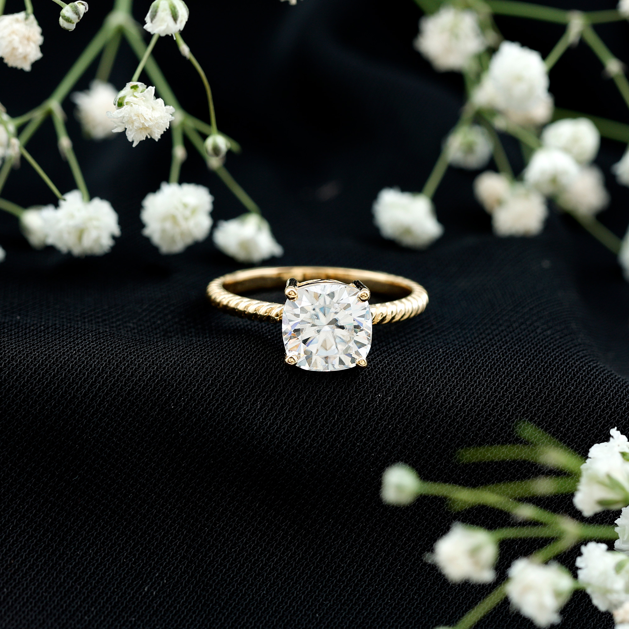 thumbnail video image 2 of Rosec Jewels Moissanite Cushion Cut Solitaire Ring for Engagement - 8 mm - 3 Carat Ring - D-VS1 Quality Certified, 18K White Gold, US 8.00, 2 of 8