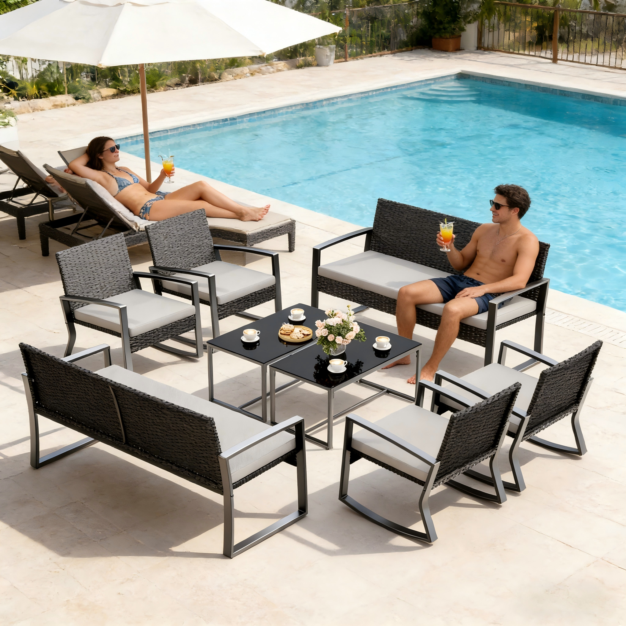 thumbnail video image 2 of Lofka 8-Piece Patio Furniture Set, All-Weather Wicker Conversation Set with 2 Loveseats, 4 Rocking Chairs, 2 Glass Coffee Tables, Outdoor Furniture for Backyard, Balcony, Deck, Porch, Gray Cushions, 2 of 17