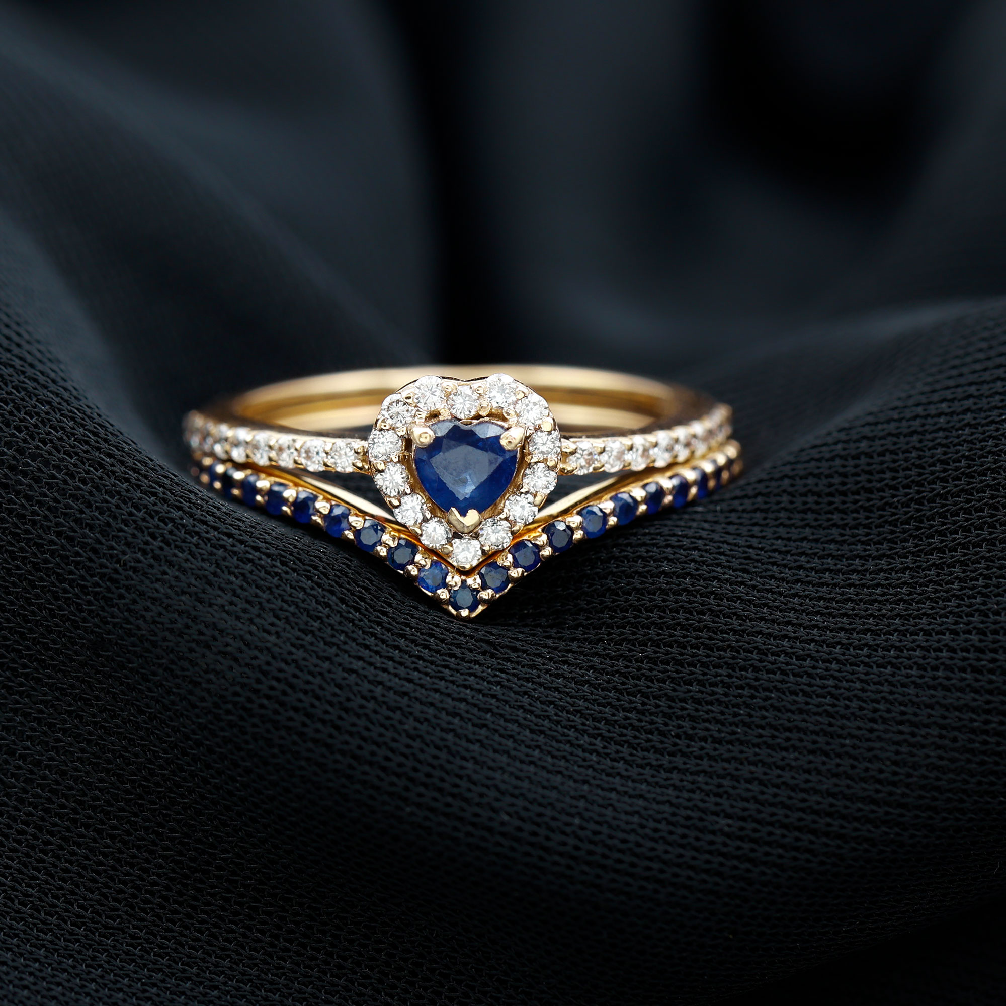 thumbnail video image 2 of Rosec Jewels Heart Shaped Sapphire Wedding Ring Set of 2, Lab Grown Blue Sapphire Ring with Diamond - with Jewelry Box, 925 Sterling Silver, US 4.00, 2 of 9