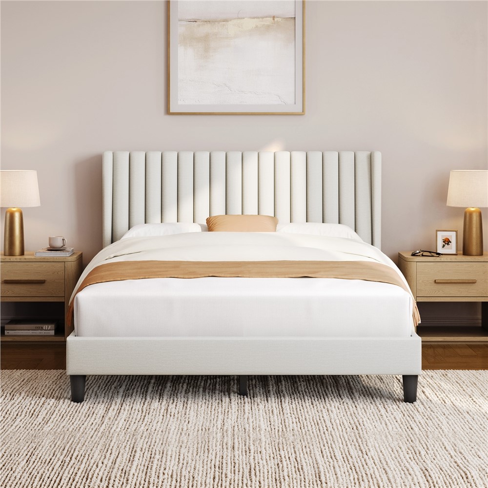 thumbnail video image 2 of Renwick Upholstered Platform Queen Bed with Wing Side, Adult, Ivory, 2 of 8