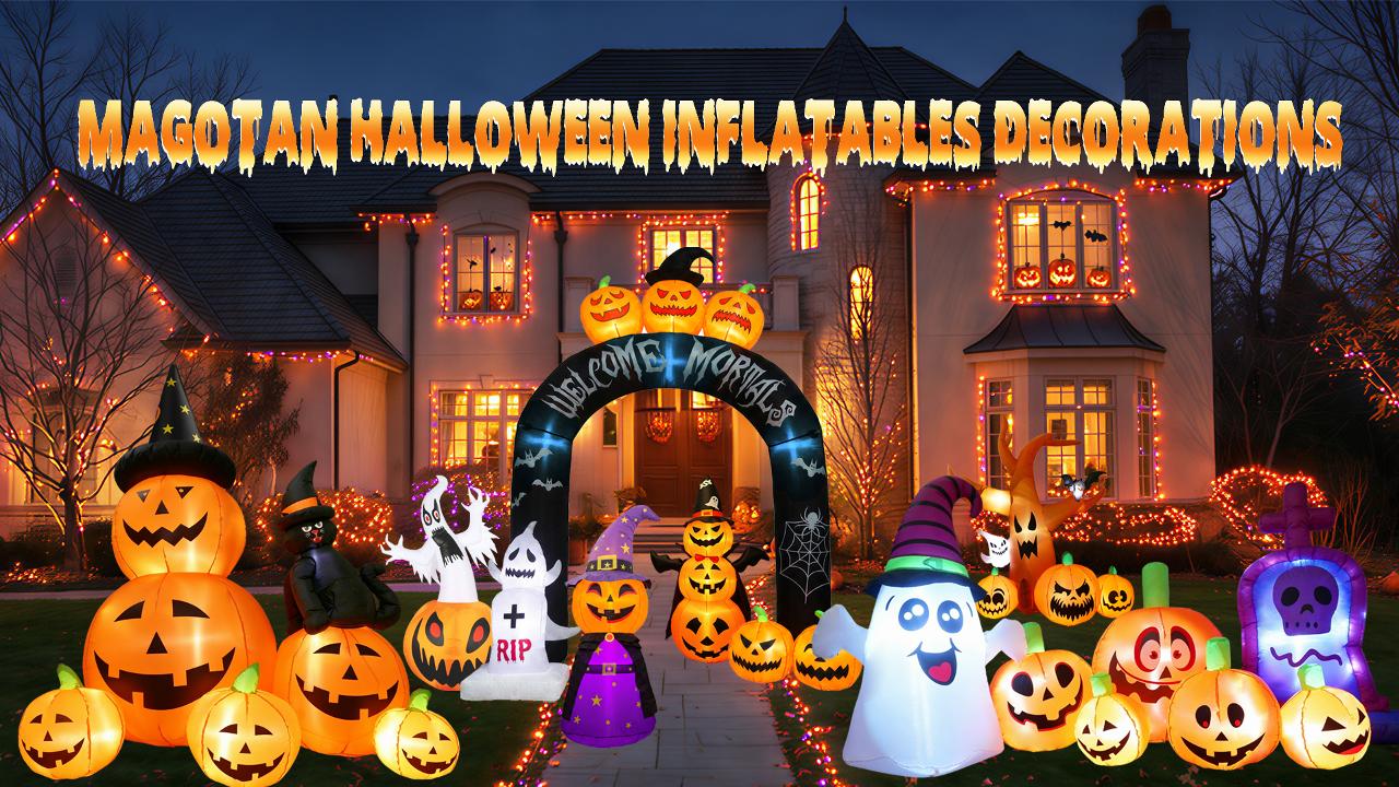 thumbnail video image 2 of MAGOTAN 9 FT Halloween Inflatables Archway Outdoor Decorations Pumpkin Ghost Archway Halloween Inflatable Blow Up Pumpkin Tombstone Decoration Build-in LED Lights, 2 of 9