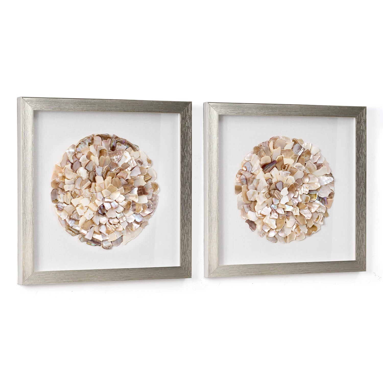 thumbnail video image 2 of American Art Decor Ivory and Beige Seashell Mosaic Framed Wall Art - 11.75" x 11.75", Set of 2, 2 of 9
