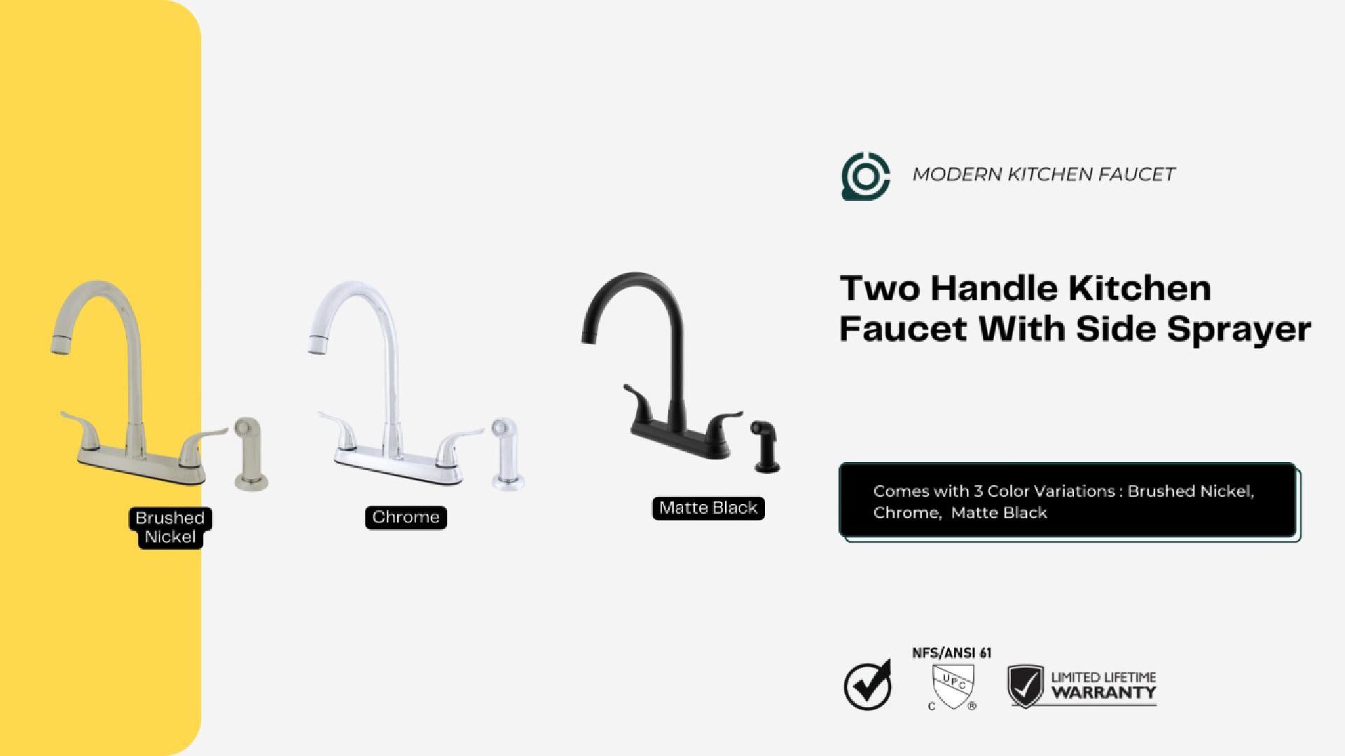 thumbnail video image 2 of 23157043 -Hybrid Metal Deck Kitchen Sink Faucet High Spout Washerless Cart.Double Handle with Side Spray, 2 of 12