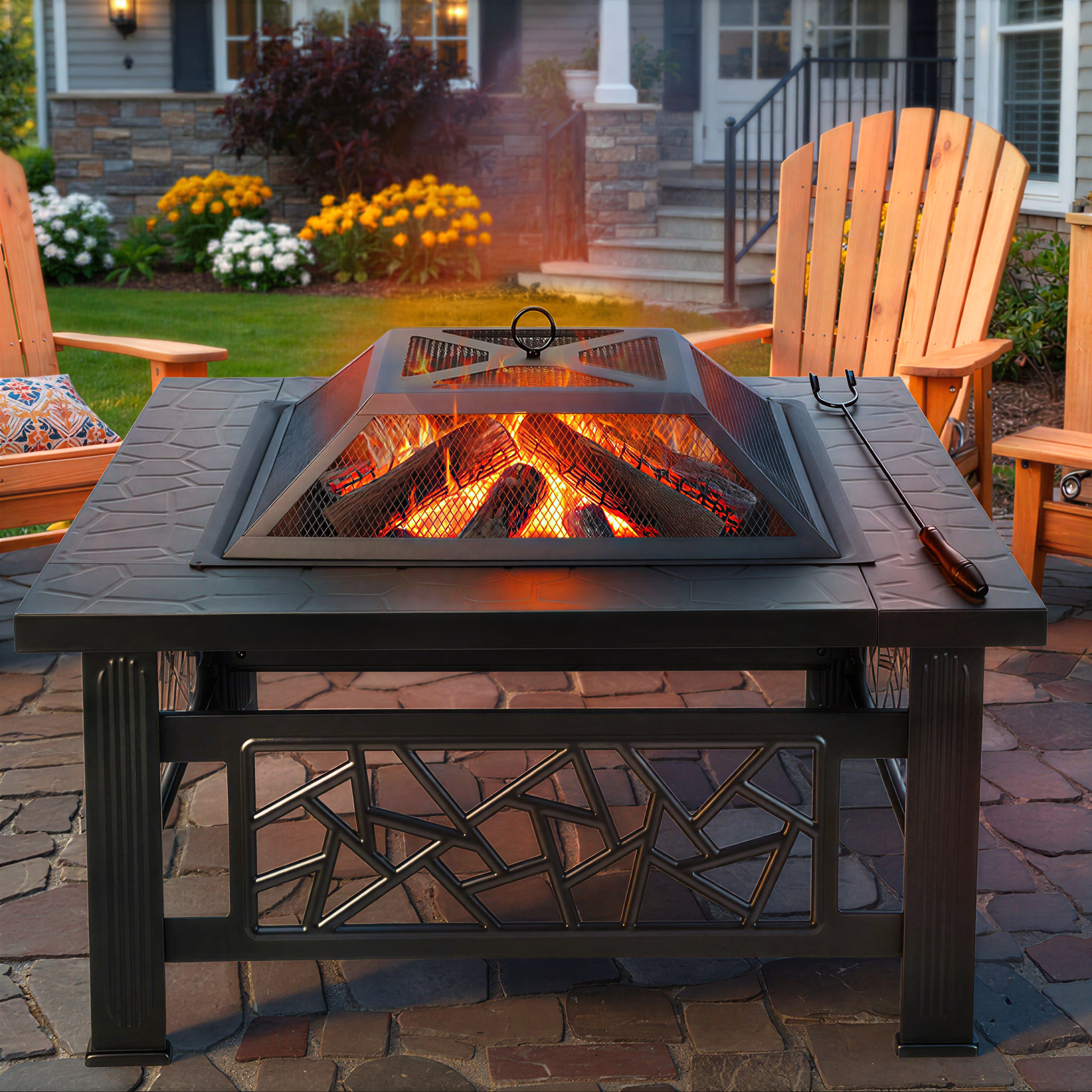 thumbnail video image 2 of 32" Fire Pit Table, UHOMEPRO 3-in-1 Outdoor Fire Pit with BBQ Grill, Mesh Lid & Cover, Modern Metal Square Wood Burning Fire Pit  for Outside, Backyard, Patio & Camping, 2 of 10