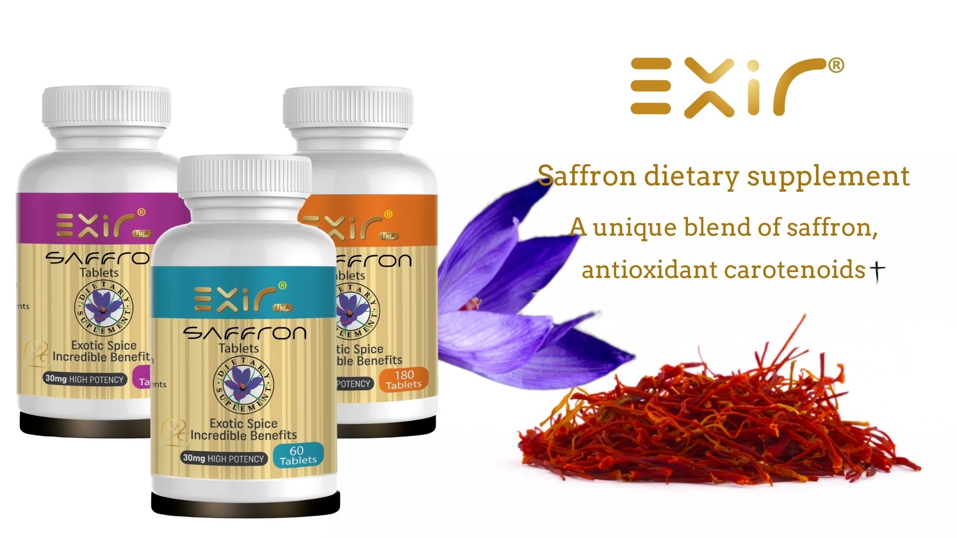 thumbnail video image 2 of Exir Saffron Supplement – Eye Mood Heart & Stress Support – High Potency 30-mg Saffron wtih Safranal Memory Energy Digestive & well being, 120 Tablets, 2 of 8
