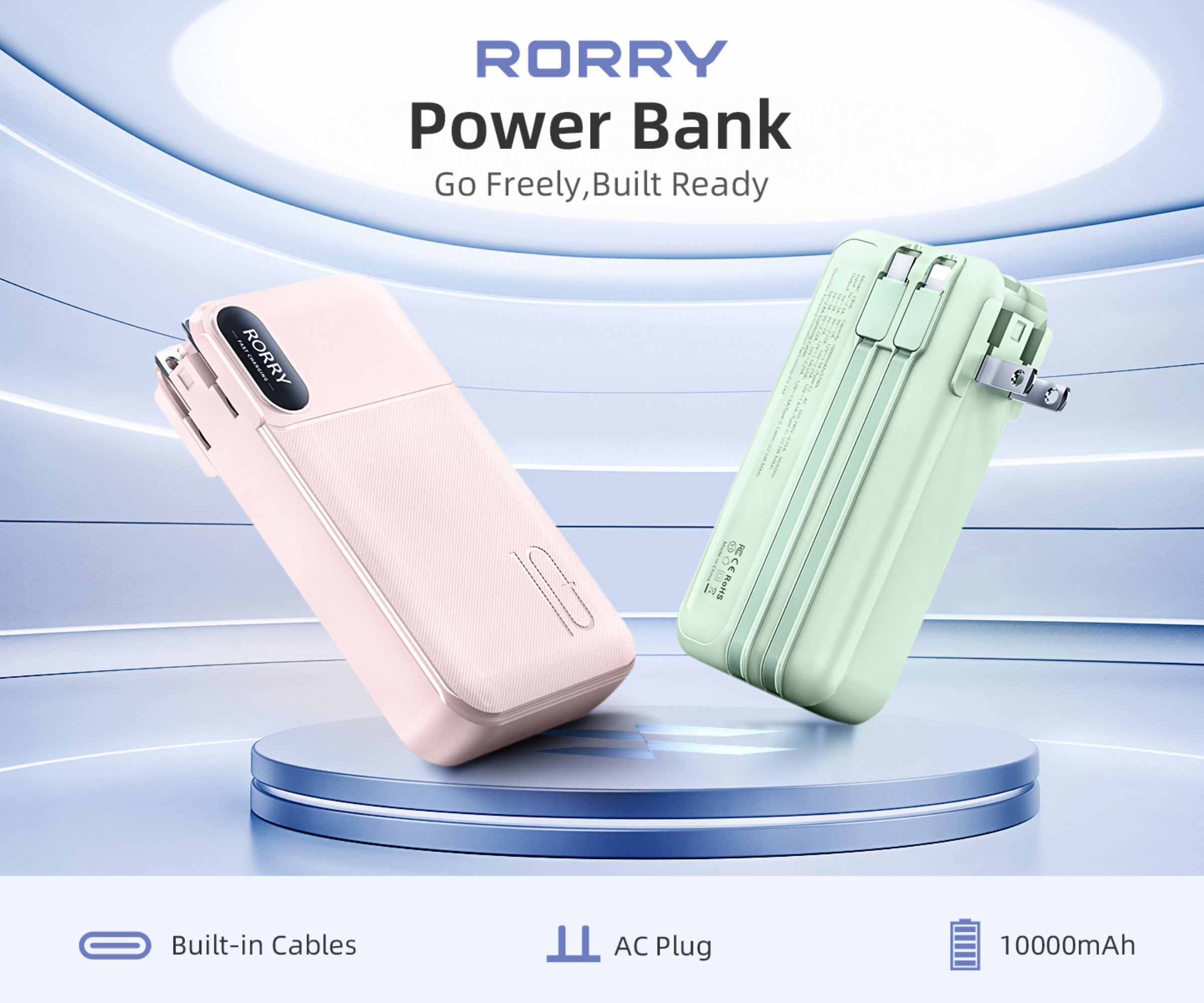 thumbnail video image 2 of RORRY Portable Charger with Built-in Cables 10000mAh and AC Wall Plug , 22.5W Fast Charging Power Bank for iPhone 17/16/15, Samsung Galaxy , Pixel, iPad – Green, 2 of 9