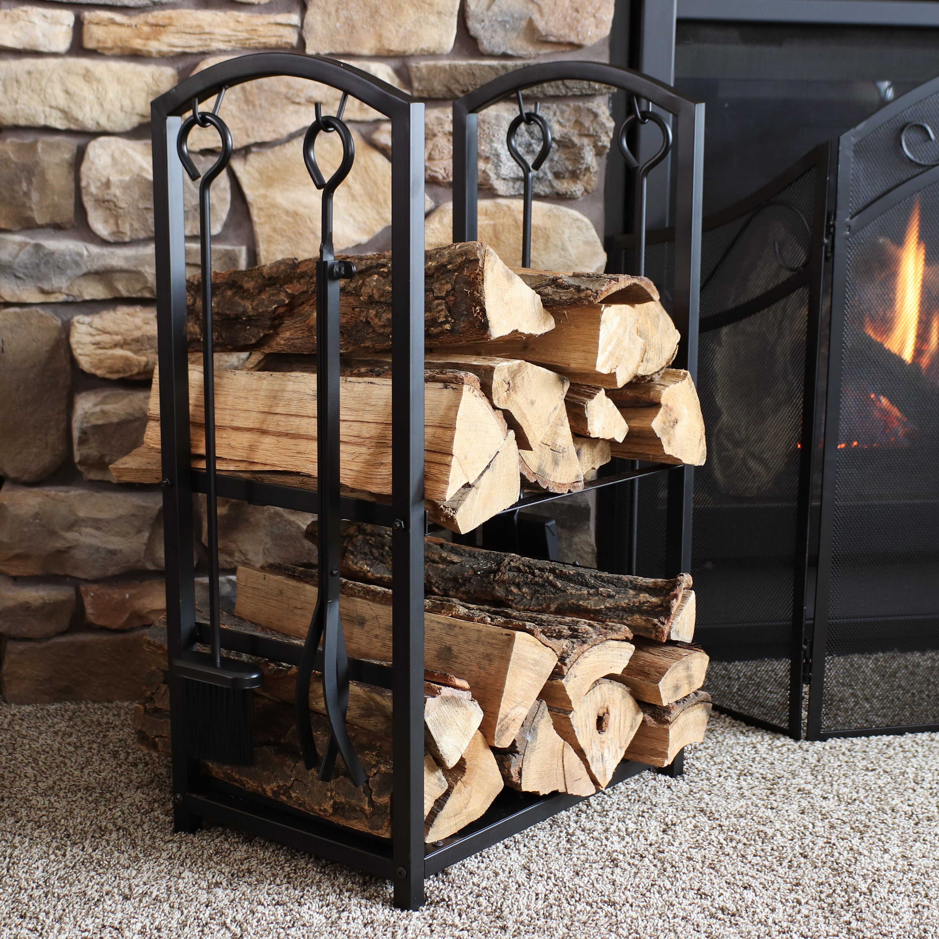 thumbnail video image 2 of Sunnydaze 29.25" Indoor or Outdoor Steel Firewood Log Holder with 4-Piece Tool Set, 2 of 13