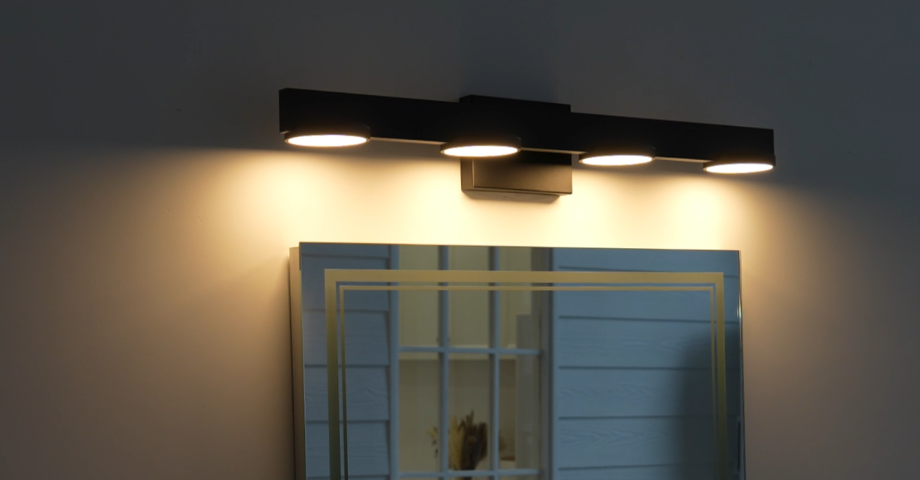 thumbnail video image 2 of C Cattleya 4-Light Contemporary Black Aluminum LED Vanity Light with Frosted Acrylic Shade, 2 of 8