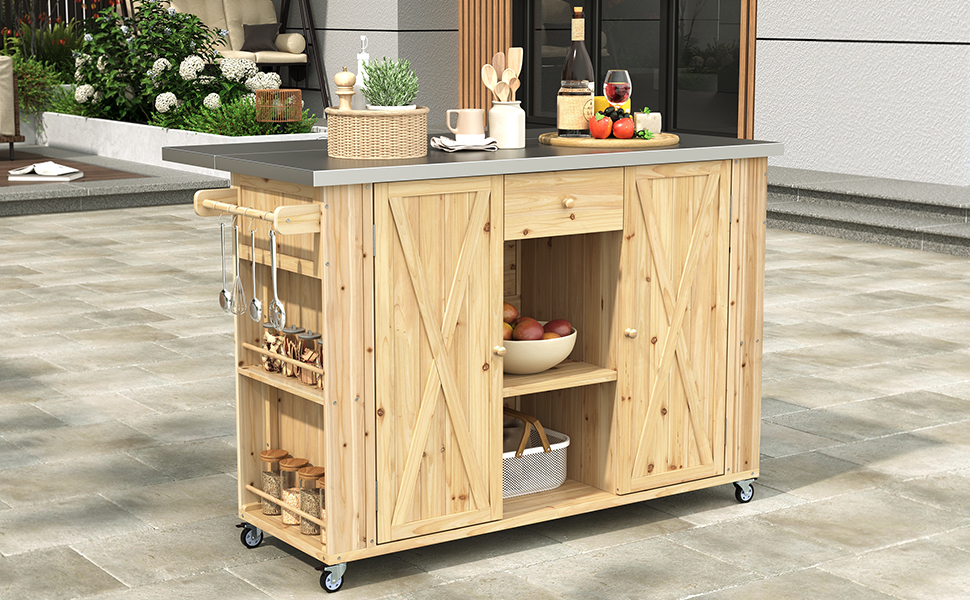 thumbnail video image 2 of Eyisean Outdoor Kitchen Island, Fir Wood Grill Cart Island on Wheels with Stainless Steel Tabletop, Patio Kitchen Island Storage Cabinet with Spice, Towel Rack, Bottle Opener, for Grilling, Party, 2 of 21