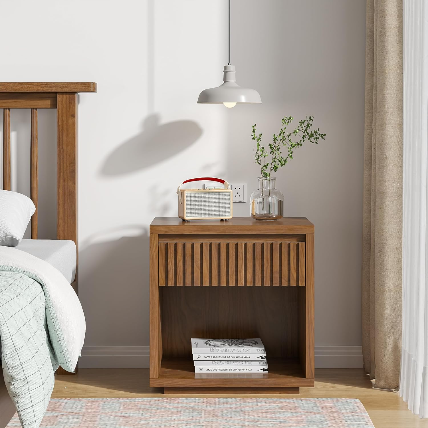 thumbnail video image 2 of Mid Century Modern Nightstand, Fluted Bed Side Table End Table with Drawer Storage, Living Room, Bedroom(Walnut), 2 of 8