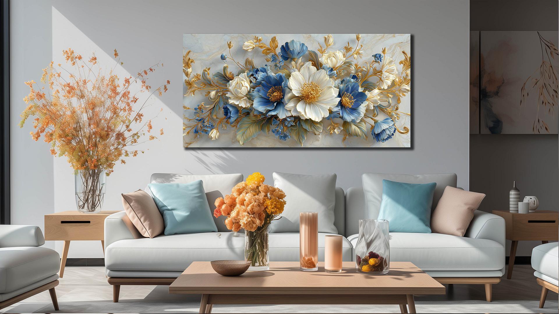thumbnail video image 2 of Blue White Gold Floral Canvas Wall Art, Luxury Abstract Flower Bouquet Painting, 40x20 Inches Modern Elegant Botanical Wall Decor for Living Room Bedroom Home, 2 of 9