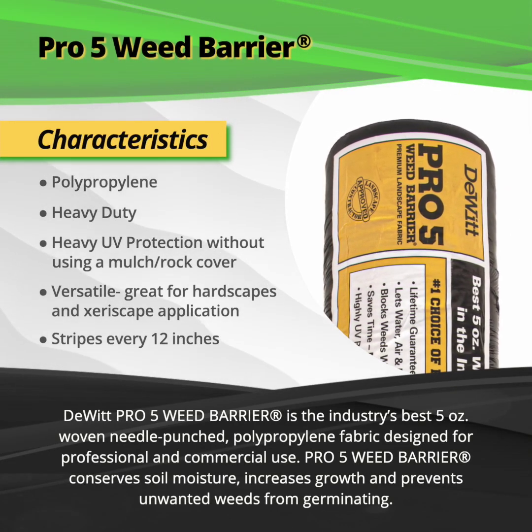 thumbnail video image 2 of DeWitt 8-Pack Pro-5 Weed Barrier Fabric 5 oz, Heavy-Duty Woven Weed Control, 6 x 250 Feet, 2 of 11