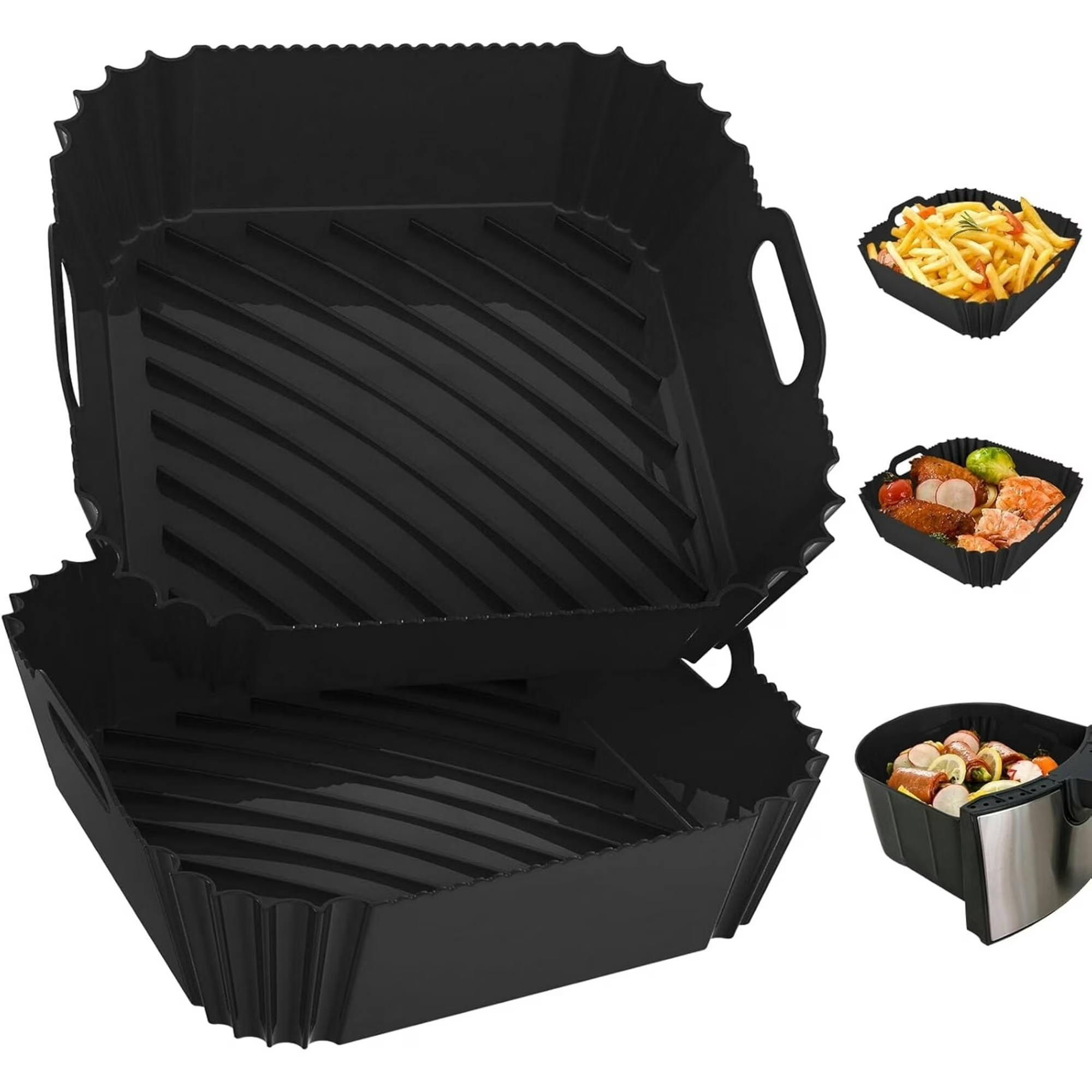thumbnail video image 2 of Air Fryer Silicone Liners Square 2 Pack 7.1 Inch 4-7 QT Reusable Air Fryer Liners Silicone Pot Oven Liner Baking Tray, Air Fryer Basket Silicone Mat Bowl Air Fryer Accessories Kitchen, Black, 2 of 8