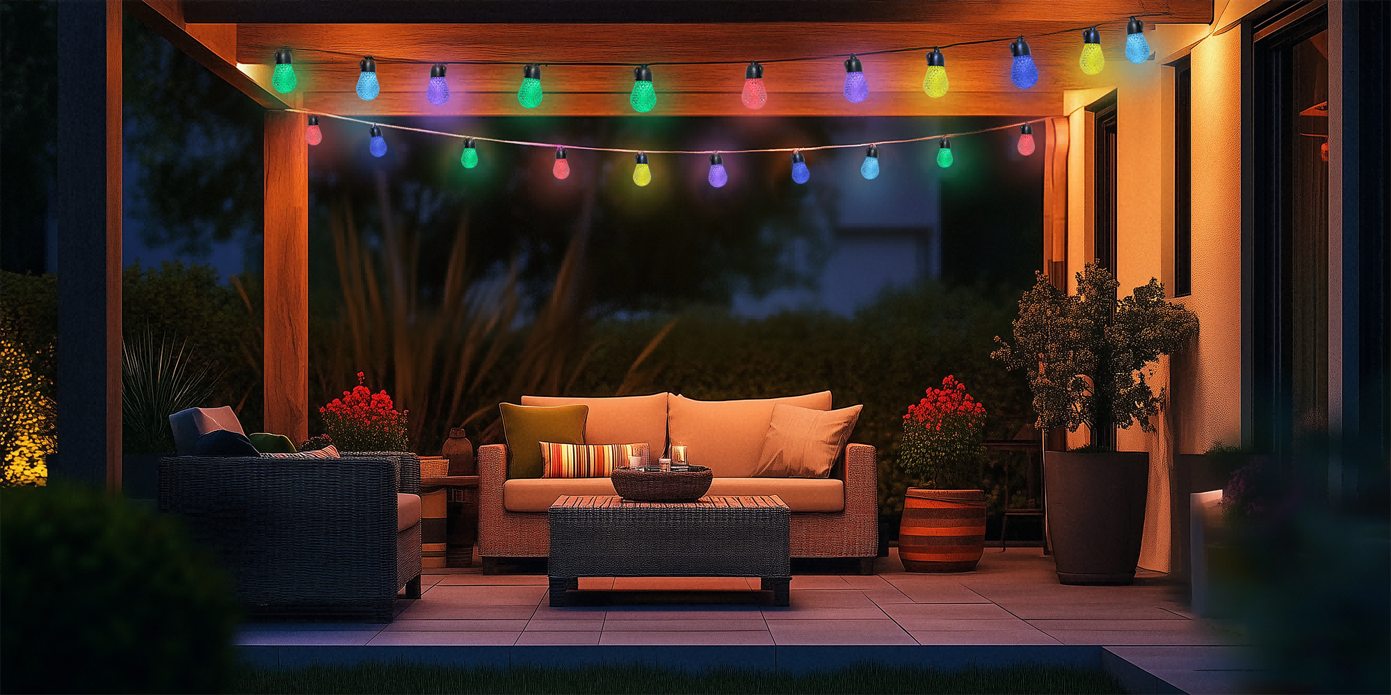 thumbnail video image 2 of Smart 49ft Plug-in Color Changing Outdoor String Lights, App & Remote Control Camper Lights For Outside, 15 RGBW LED Hanging Christmas Lights, DIY, Music Sync, Dimmable, 2 of 12