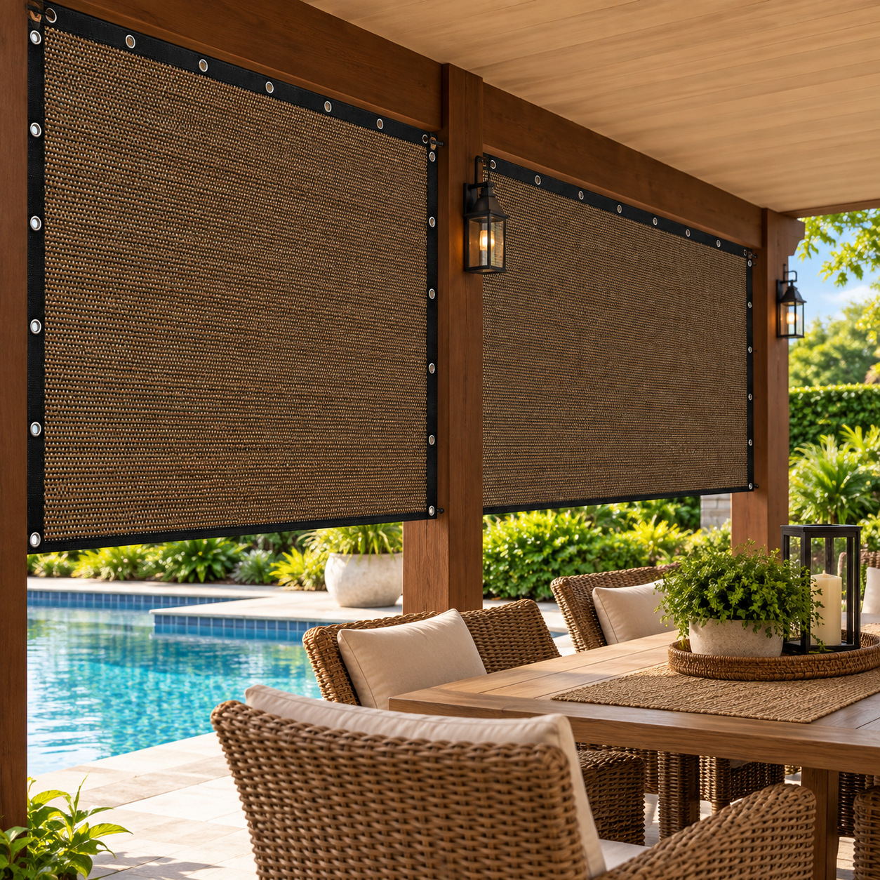 thumbnail video image 2 of Kuokaa Pvc Outdoor Shade Mesh with Tie Rope, Patio Balcony Mesh Screen, Outdoor Sun Barrier (3 x 3 m), 2 of 7