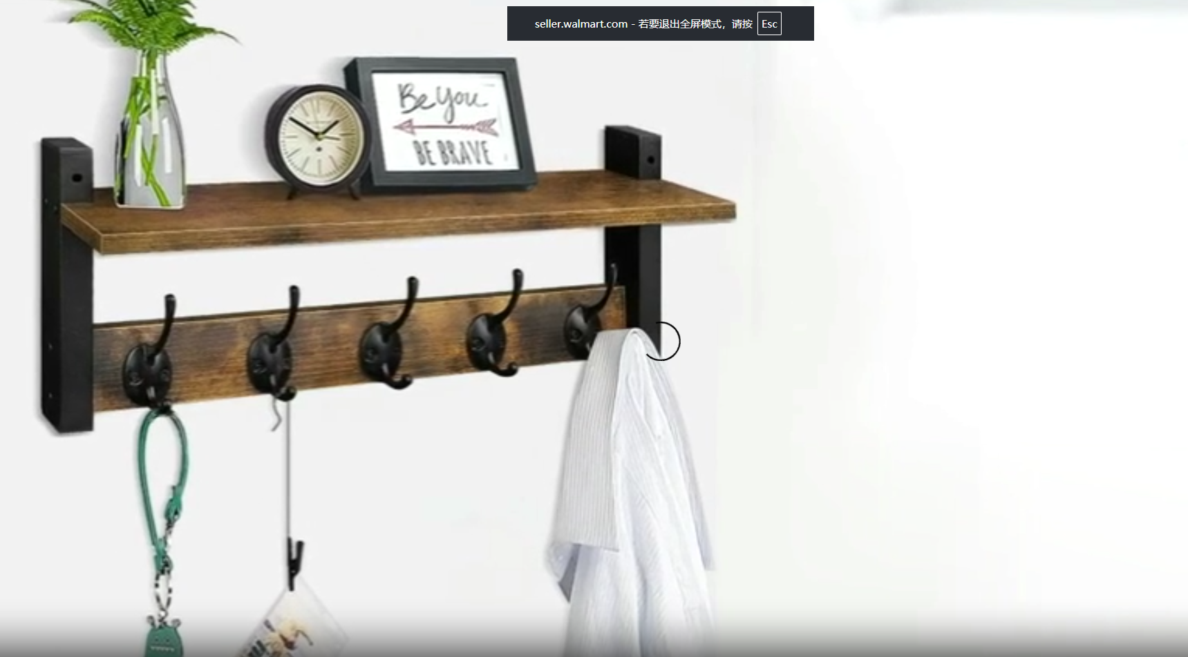 thumbnail video image 2 of Wall Hooks with Shelf, Wood Coat Rack with Shelf Wall-Mounted, Entryway Hanging Shelves with 5 Metal Hooks for Clothes Hats Towel Purse Robes, Bathroom Mudroom Bedroom, Rustic Brown Black, 2 of 9