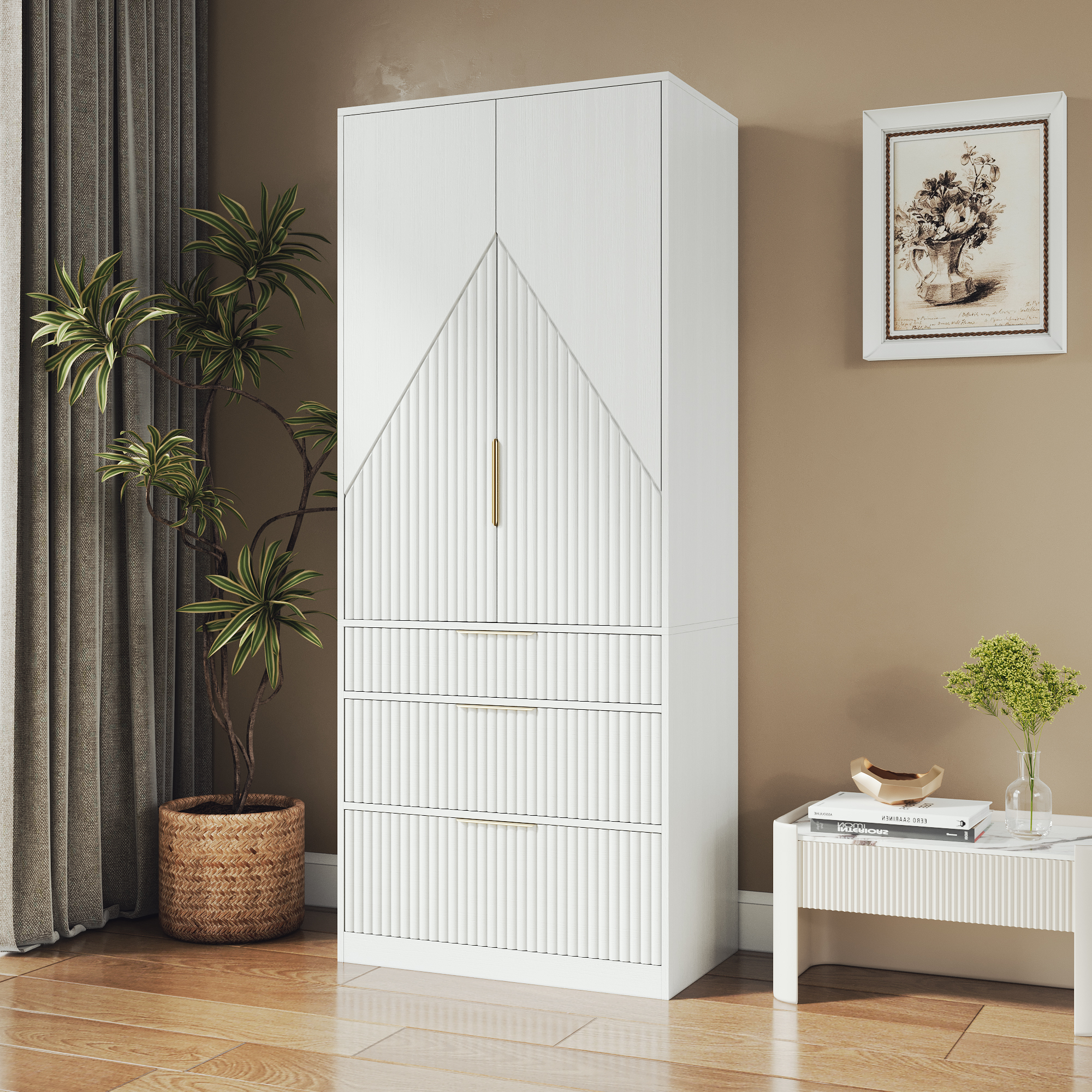 thumbnail video image 2 of UGTOO 71.7" Modern White Wood Wardrobe Armoire with 2 Doors,3 Drawers,Hanging Rod & Shelves,Large Freestanding Storage Cabinet for Bedroom,Easy Assembly,Sturdy Design, 2 of 11