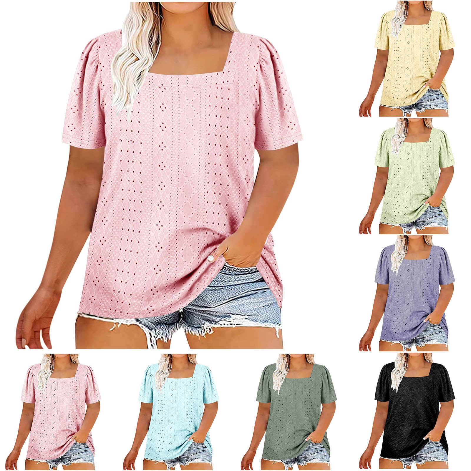 thumbnail video image 2 of WREESH Plus Size Women's T-Shirts Solid Color Square Neck Short Sleeve Loose Tops Olive Green, 2 of 8