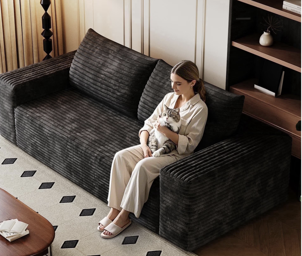 thumbnail video image 2 of 63" Corduroy Boneless Couch, 2-Seater Compression Sofa with 3 Throw Pillows, No Assembly Required, Comfy Loveseat Sofa in a Box, Deep Seat, Modern Couches for Living Room, 2 of 9