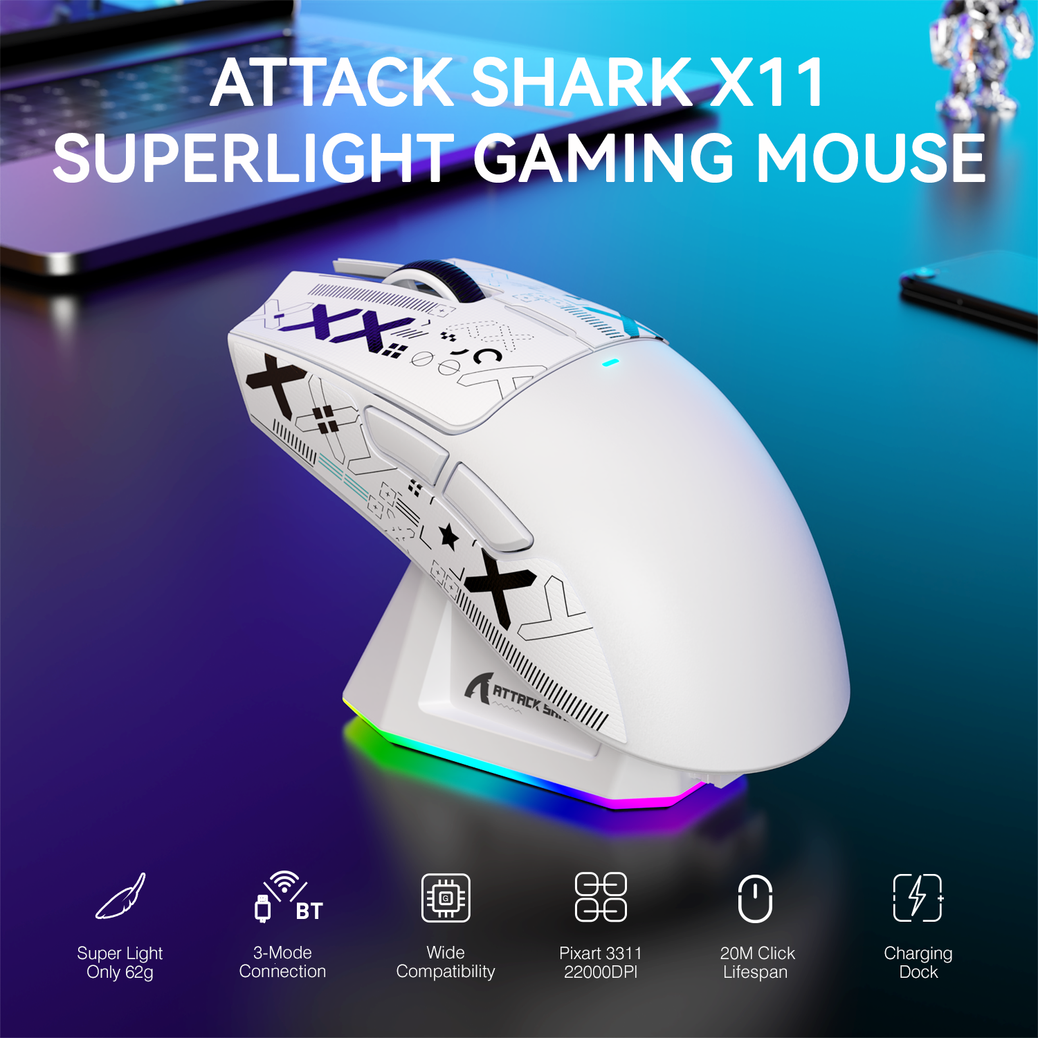 thumbnail video image 2 of ATTACK SHARK X11 Wireless Gaming Mouse with Charging Dock, PixArt PAW3311 Gaming Sensor, BT/2.4G Wireless/Wired, 2 of 10