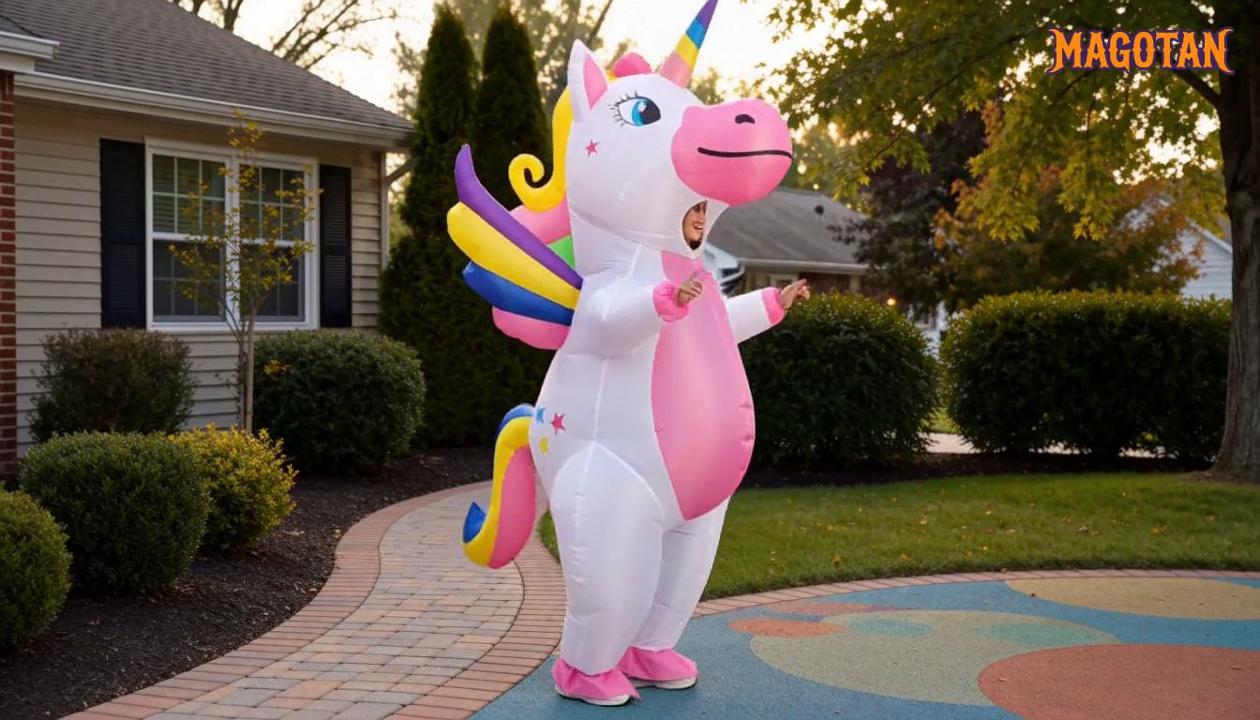 thumbnail video image 2 of Magotan Unicorn Unisex Halloween Inflatable Costume with Full Body for Adult, One Size, 2 of 9