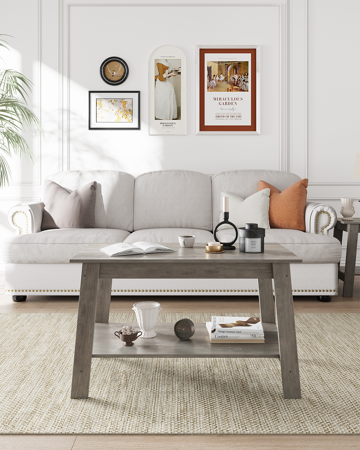 thumbnail video image 2 of Farmhouse Coffee Table with 2 Storage Shelves – Stylish Brown Table for Living Rooms and Small Spaces, 2 of 8