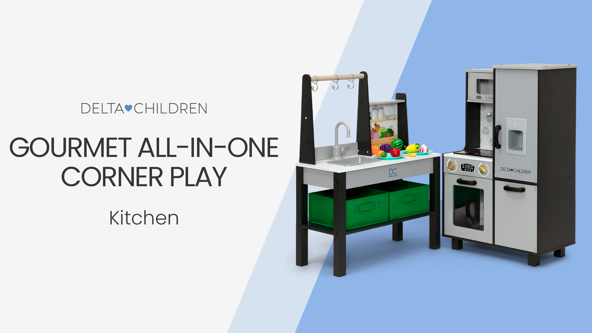 thumbnail video image 2 of Delta Children Gourmet All-in-One Corner Play Kitchen - Wooden Toy Kitchen Playset with Safe & Heatless Stove wih Lights, Oven, Sink, Fridge/Freezer with Ice Maker and 20 Accessories, Grey, 2 of 22