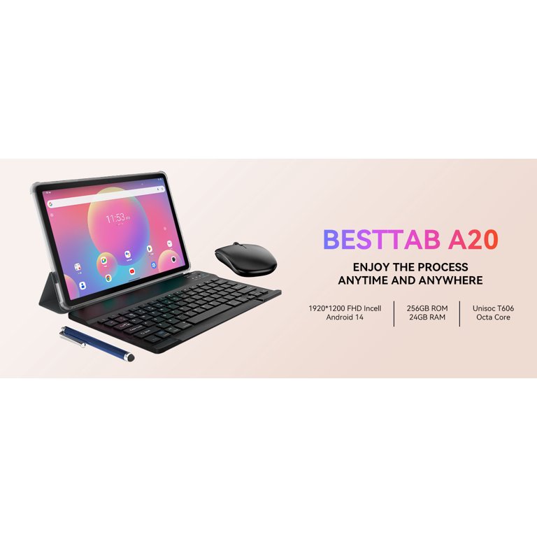 BESTTAB A20 Tablet with Keyboard, 10 Inch Android 14 Gaming Tablet, Octa-Core, 24GB RAM 256GB ROM (2TB TF), 5G WiFi, 1920x1200 FHD IPS, 8MP 5MP Camera, 5000mAh