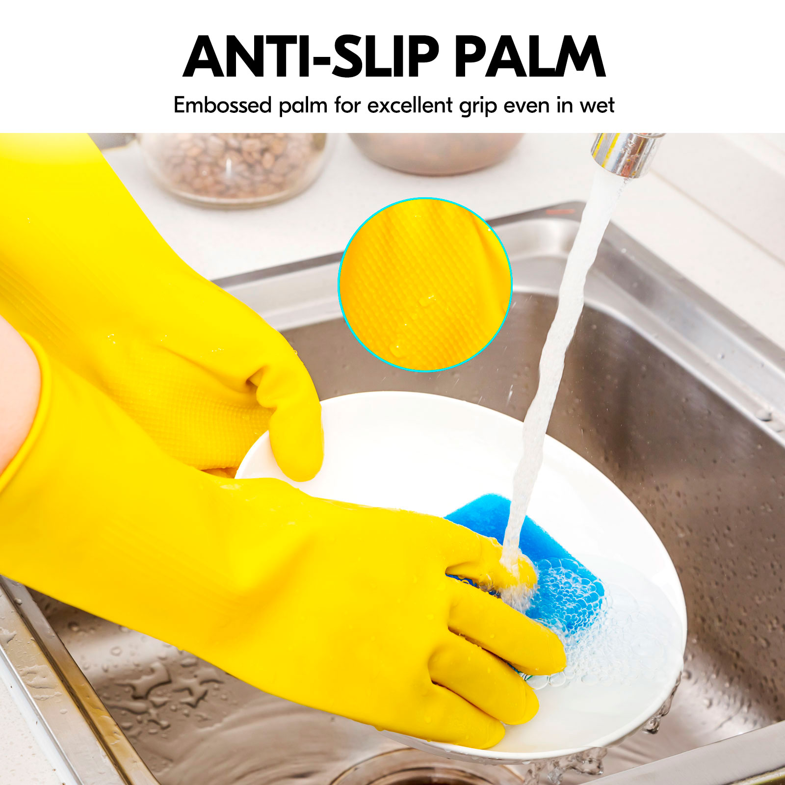 thumbnail video image 2 of Vgo... 1-Pairs Reusable Household Gloves, Rubber Dishwashing gloves, Extra Thickness, Long Sleeves, Kitchen Cleaning, Working, Painting, Gardening, Pet Care (Size L, Yellow, HH4601), 2 of 7