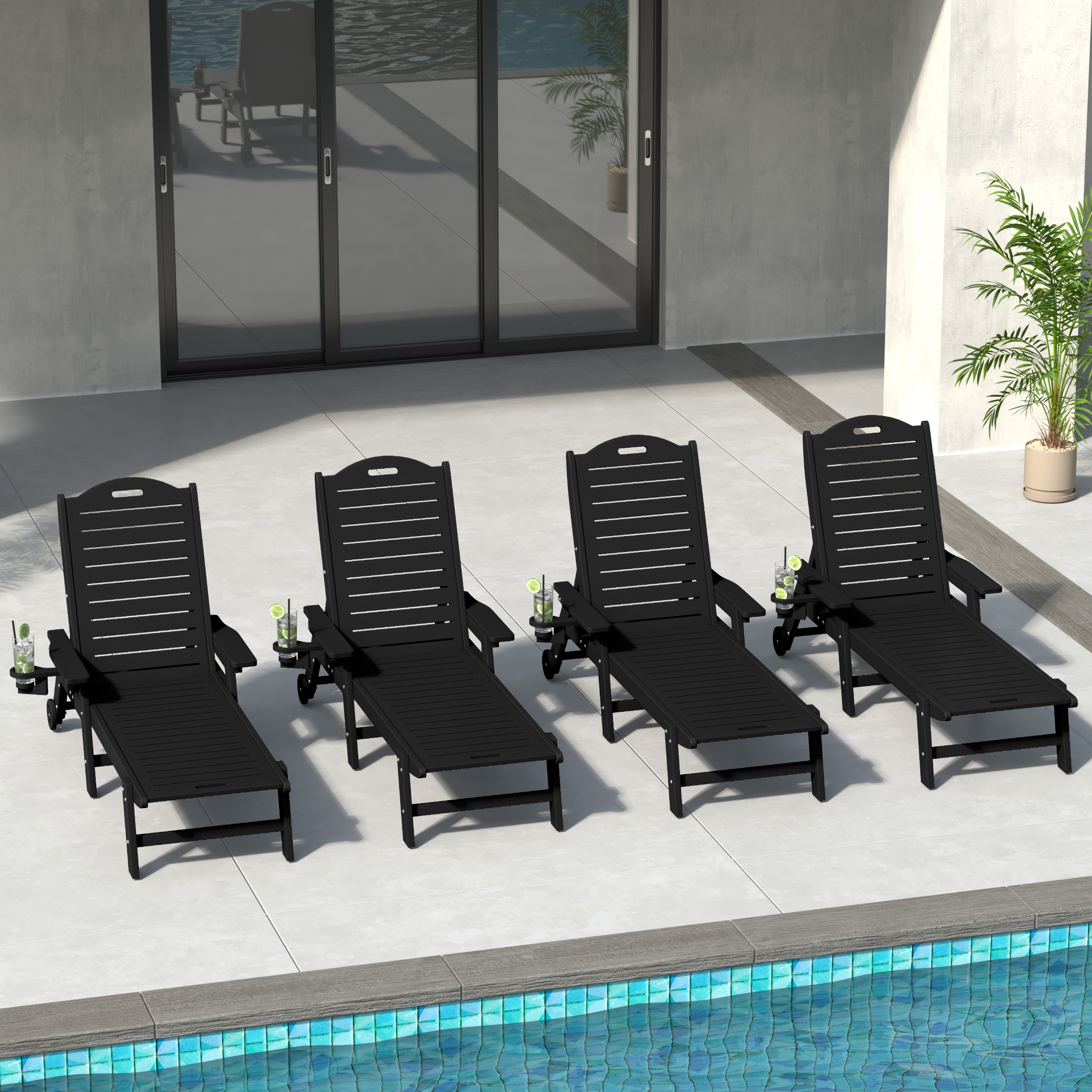 thumbnail video image 2 of WestinTrends Aruba Outdoor HDPE Patio Chaise Lounges With Wheels & Cup Holder (Set of 4), Black, 2 of 16