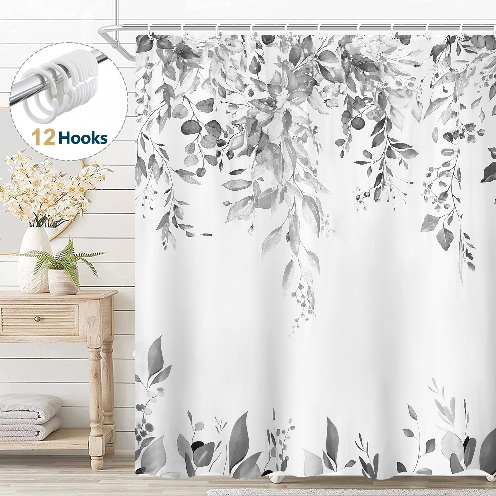 thumbnail video image 2 of Dznils Gray Eucalyptus Fabric Shower Curtain, Watercolor Floral Pattern with Hooks, 72" x 72", 2 of 11