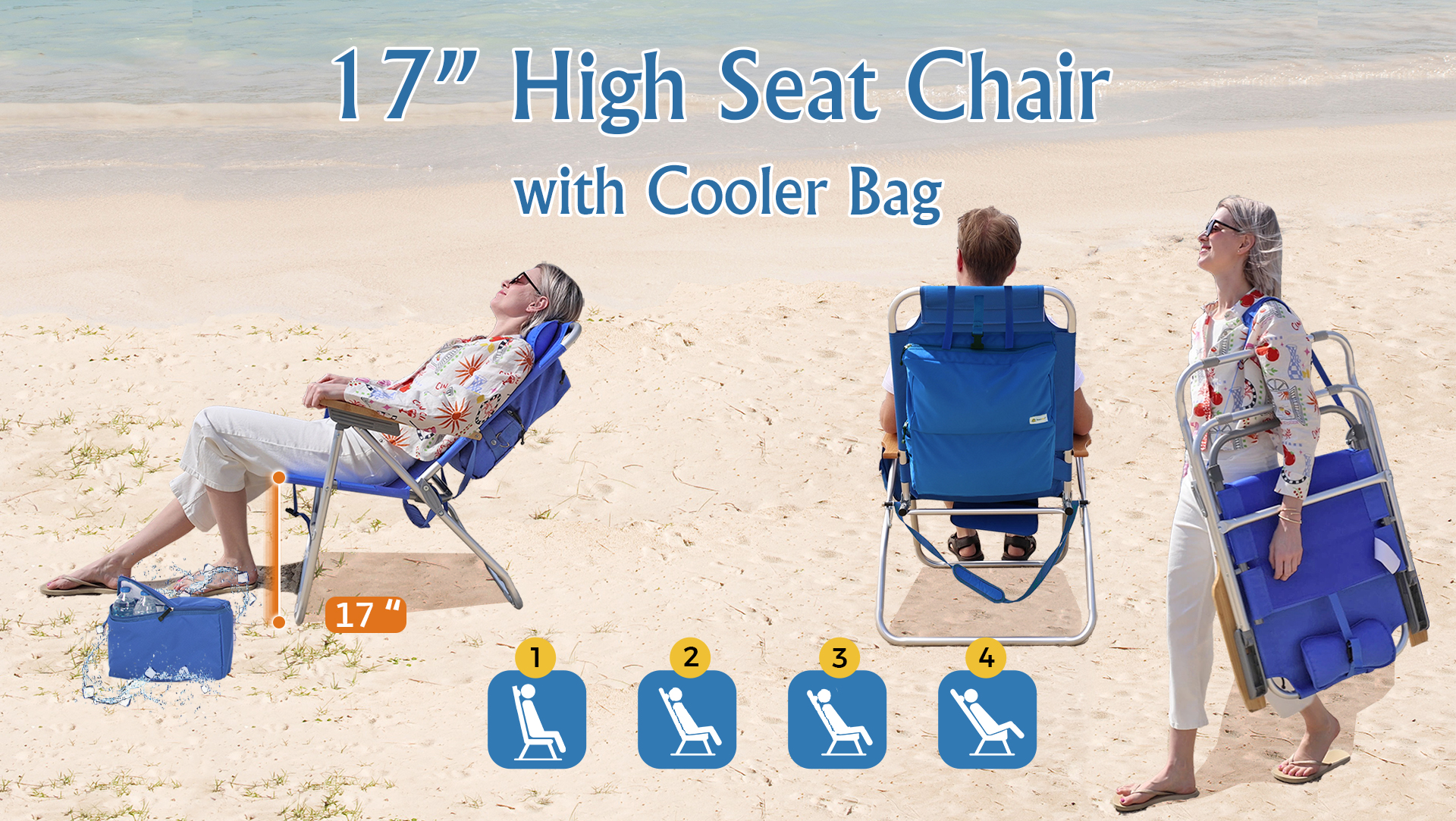 thumbnail video image 2 of Heavy Duty Tall Beach Chair for Adults | 17" High Seat, 4-Position Reclining | Insulated Cooler & Storage Pouch, Shoulder Carry Strap, 300 lb Capacity, 2 of 9