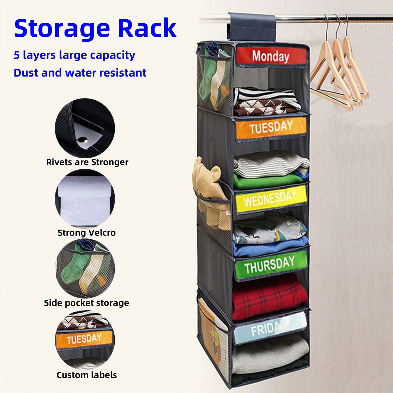 thumbnail video image 2 of 5-Tier Closet Organizer, Closet Hanging Rack with Side Pockets and Custom Labels, Foldable (Black), 2 of 9