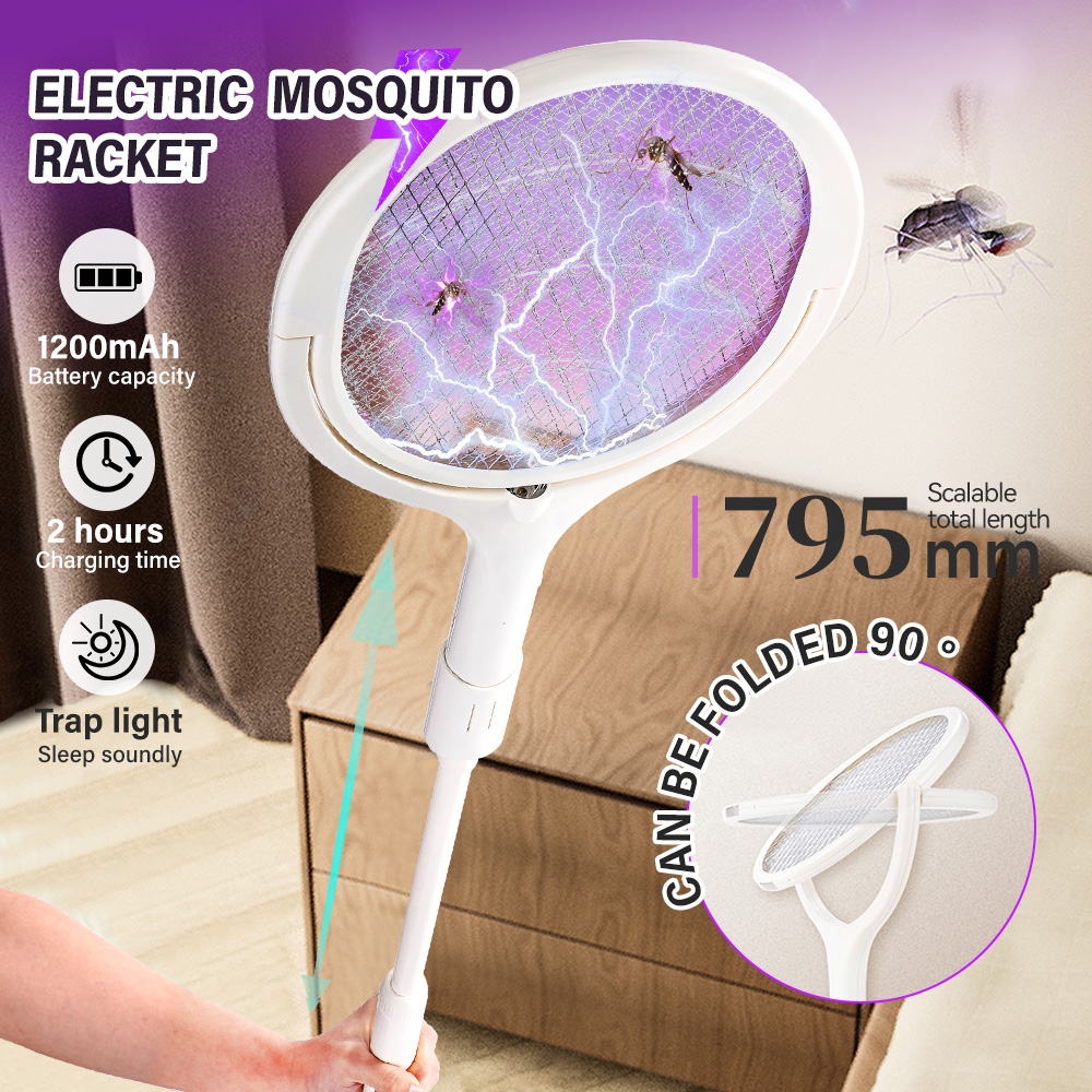 thumbnail video image 2 of Vorfor Rotating Head Electric Fly Swatter Racket Rechargeable Bug Zapper, Mosquito Electric Fly Swatter Racket with Telescopic Extension Indoor, White, 2 of 9