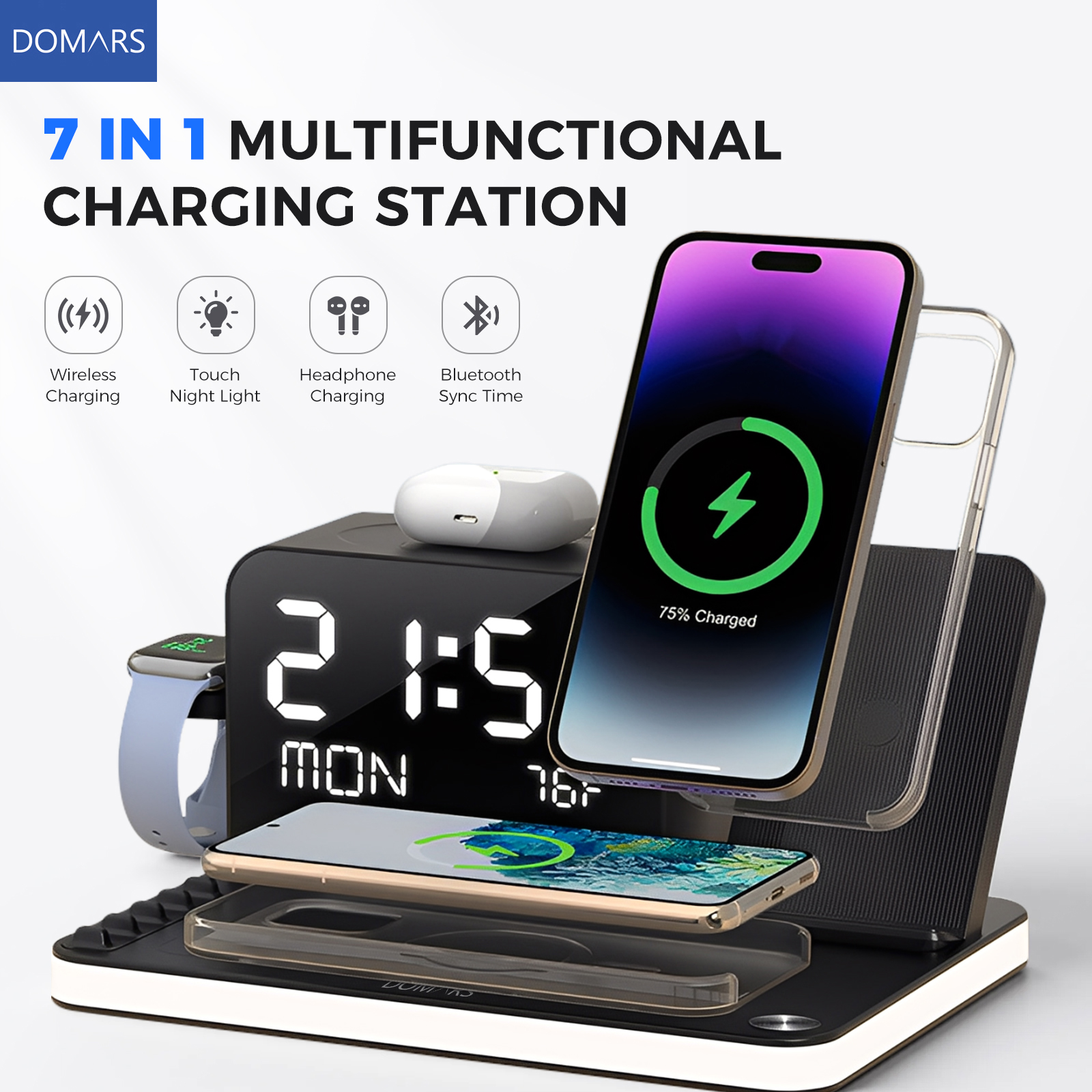 thumbnail video image 2 of 7-in-1 Wireless Charging Station with Clock, Bluetooth Time Sync & Temperature, 30W Fast Wireless Charger for Multiple Devices – Compatible with iPhone 17/16/15/14/13 Pro Max, Apple Watch & AirPods, 2 of 8