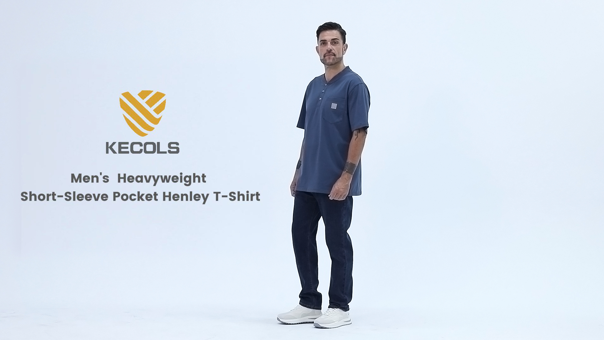 thumbnail video image 2 of Men's Loose Fit Heavyweight Short-Sleeve Pocket Work Henley T-Shirt (Regular&Tall), 2 of 8